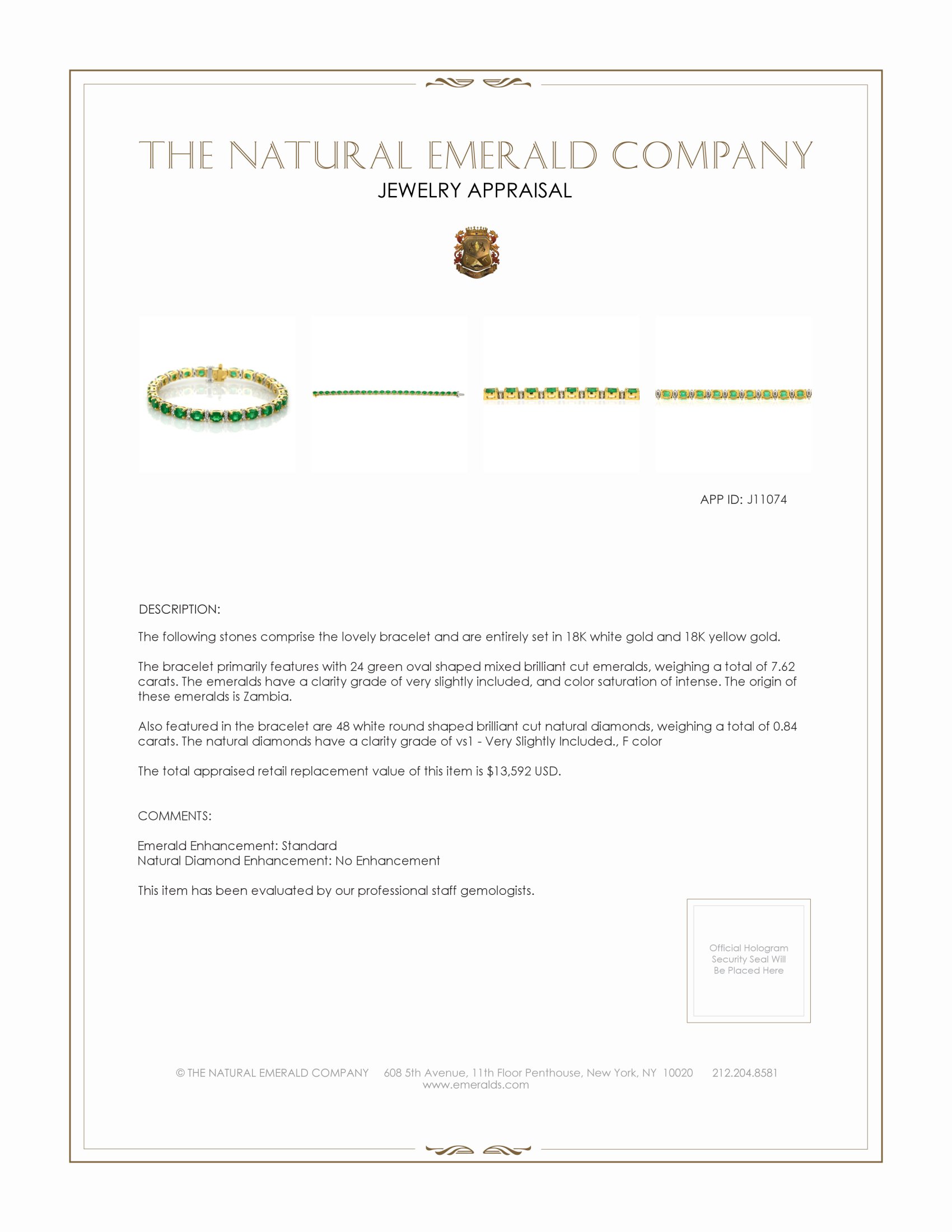 7.62 Ct.Tw. Emerald Natural Diamond Pave Bracelet, 18K White & Yellow