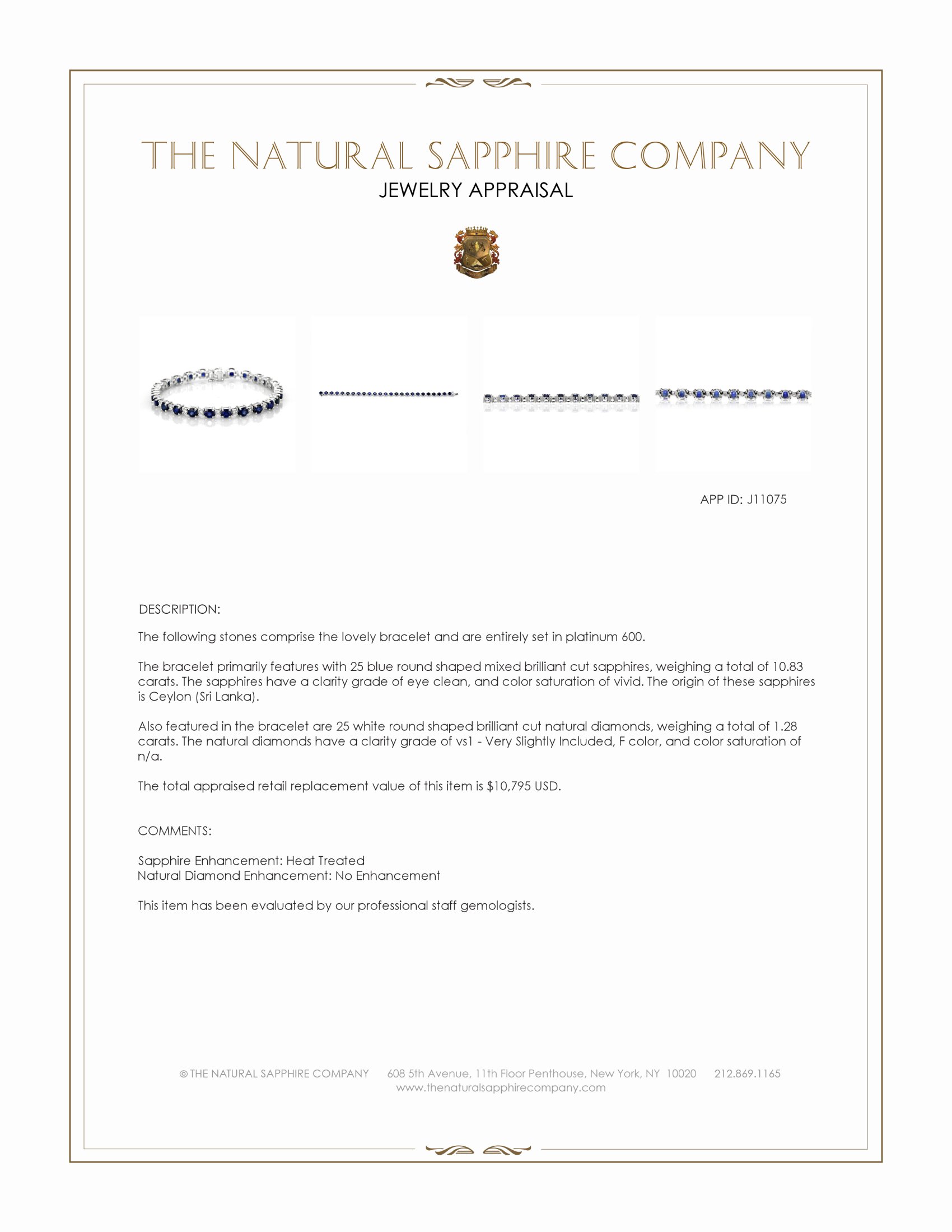 10.83 Ct.Tw. Blue Sapphire and Natural Diamond Pave Bracelet, Platinum 600