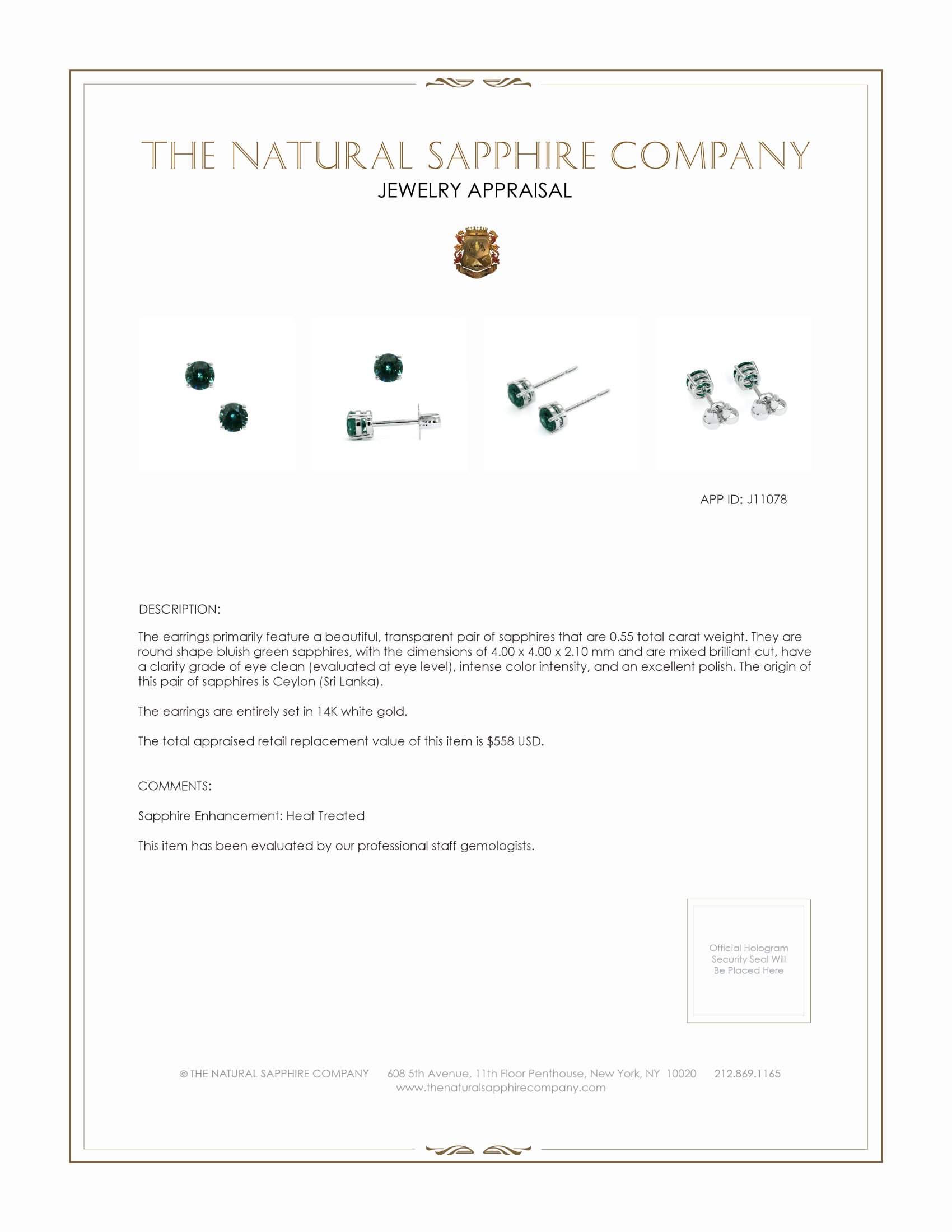 0.55 Ct.Tw. Bluish Green Sapphire Studs Earrings, 14K White Gold