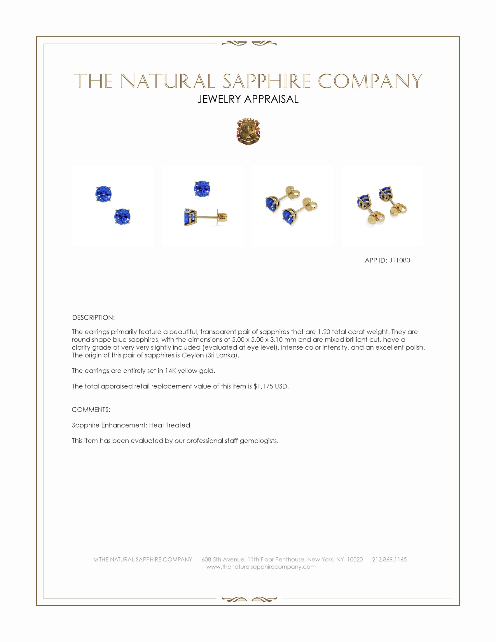 1.20 Ct.Tw. Blue Sapphire Studs Earrings, 14K Yellow Gold