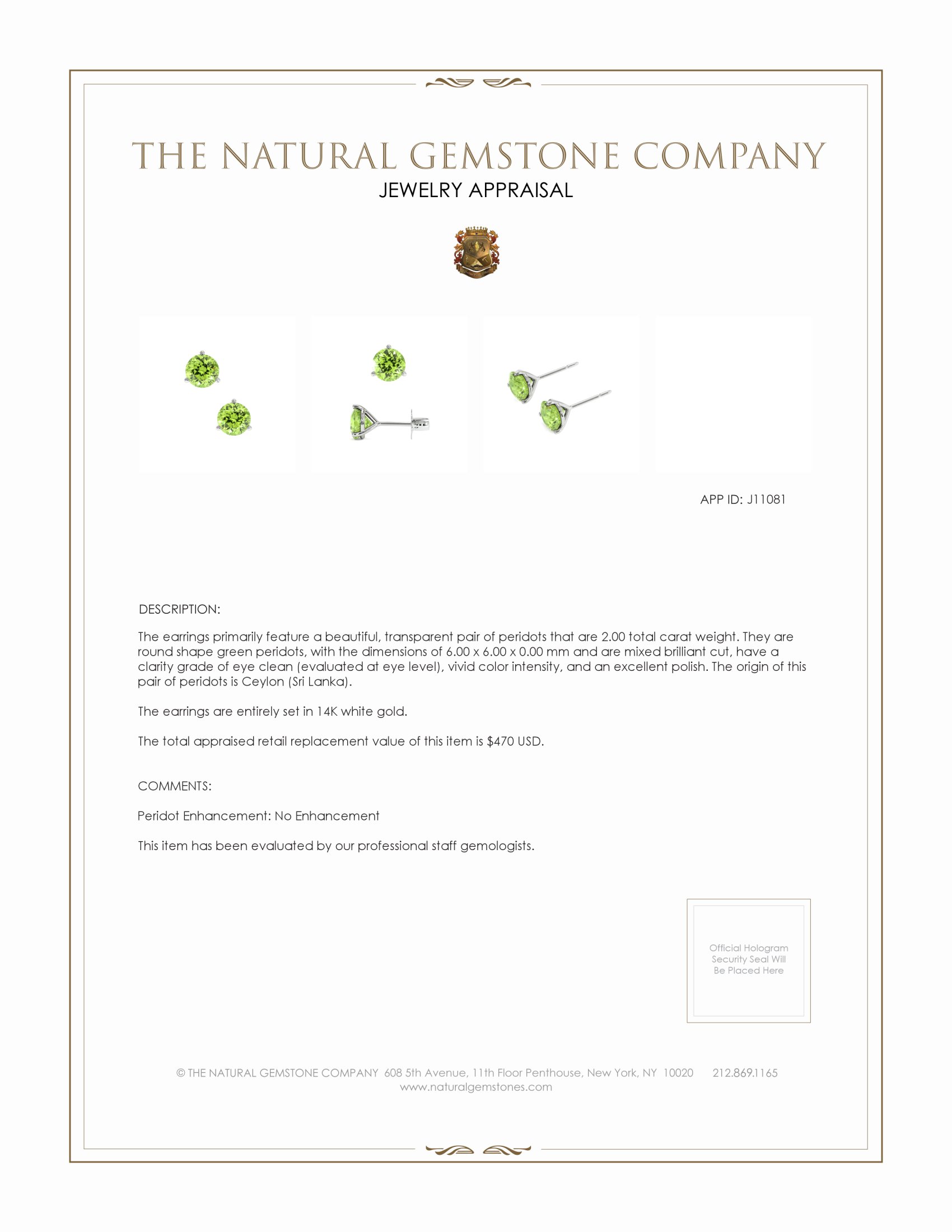 2.00 Ct.Tw. Peridot Studs Earrings, 14K White Gold