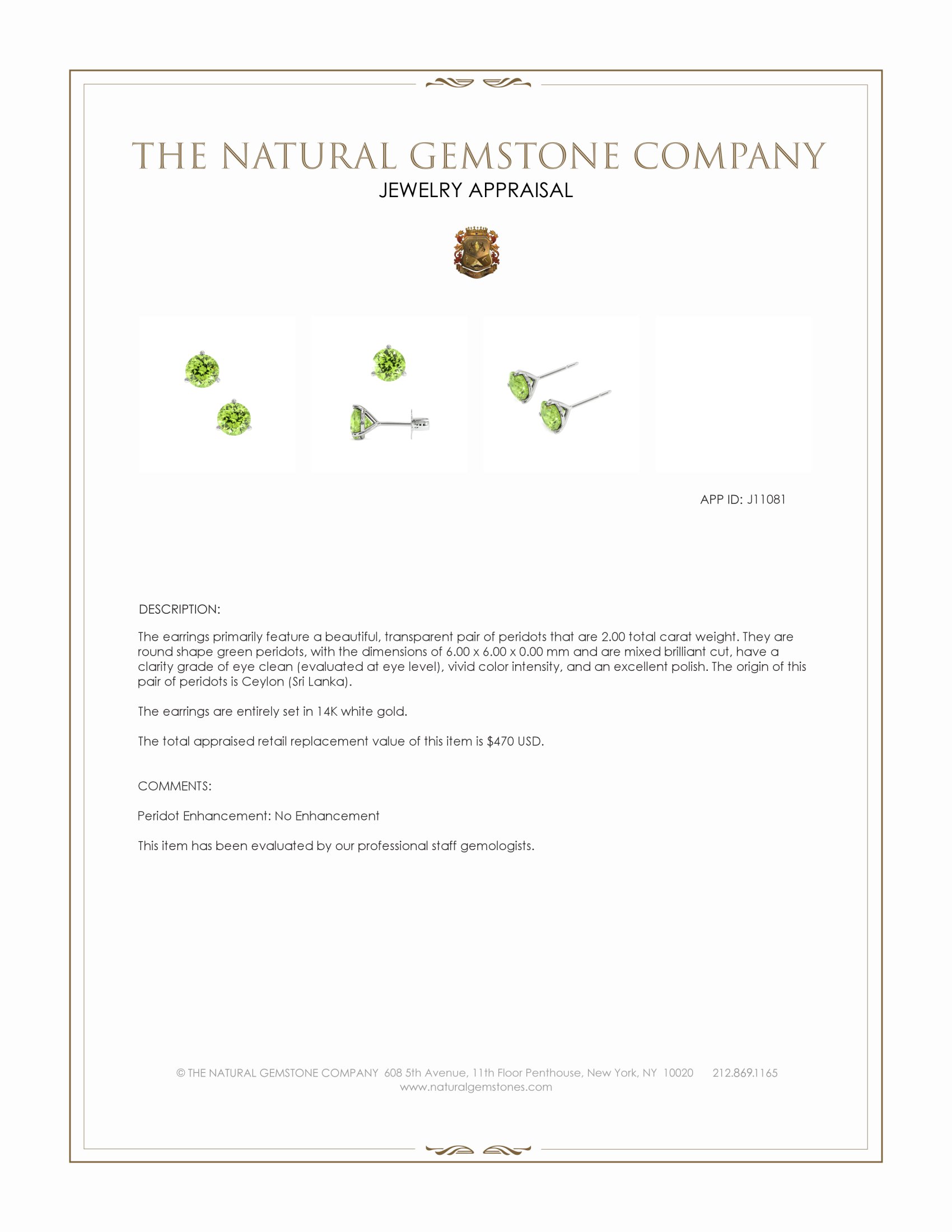 2.00 Ct.Tw. Green Peridot Studs Earrings, 14K White Gold