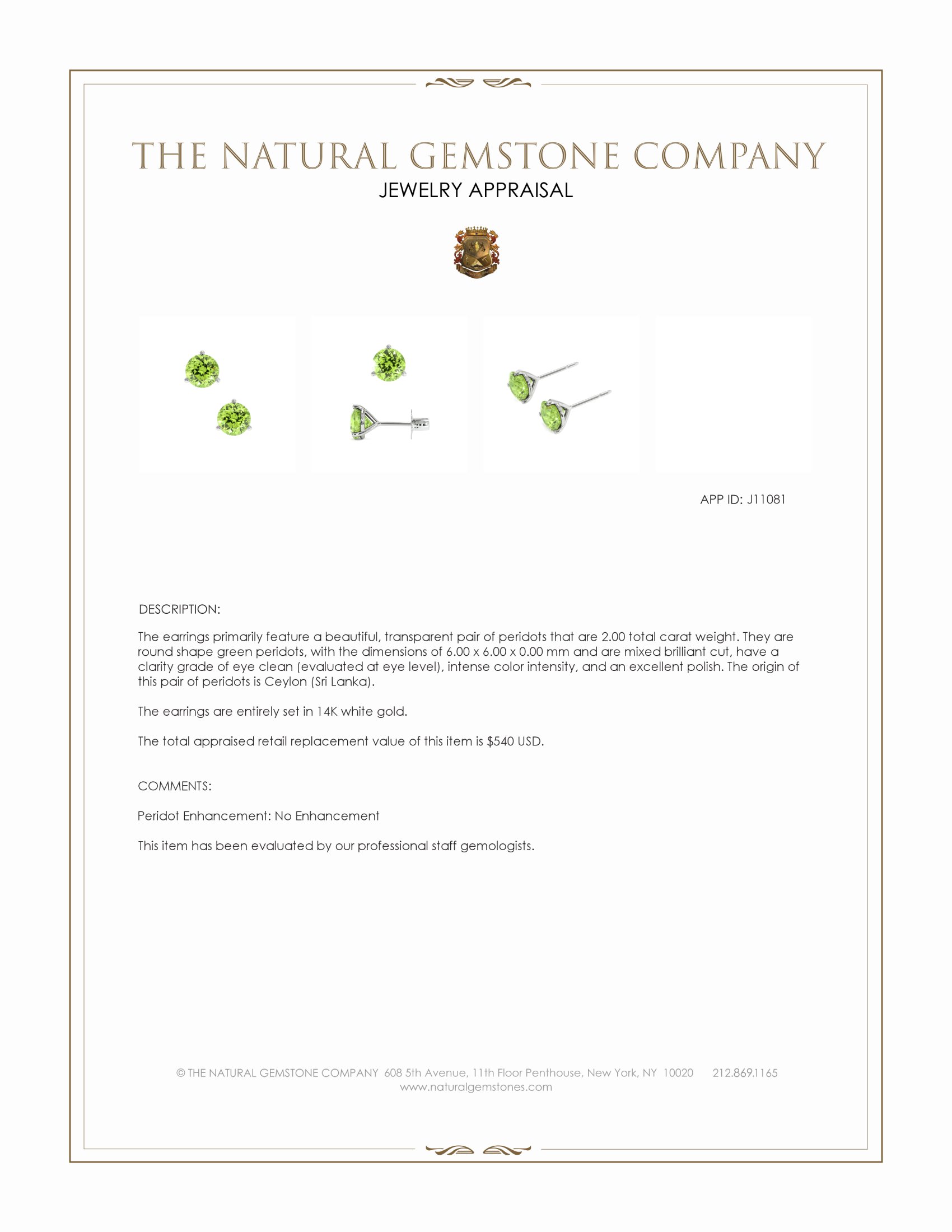 2.00 Ct.Tw. Green Peridot Studs Earrings, 14K White Gold