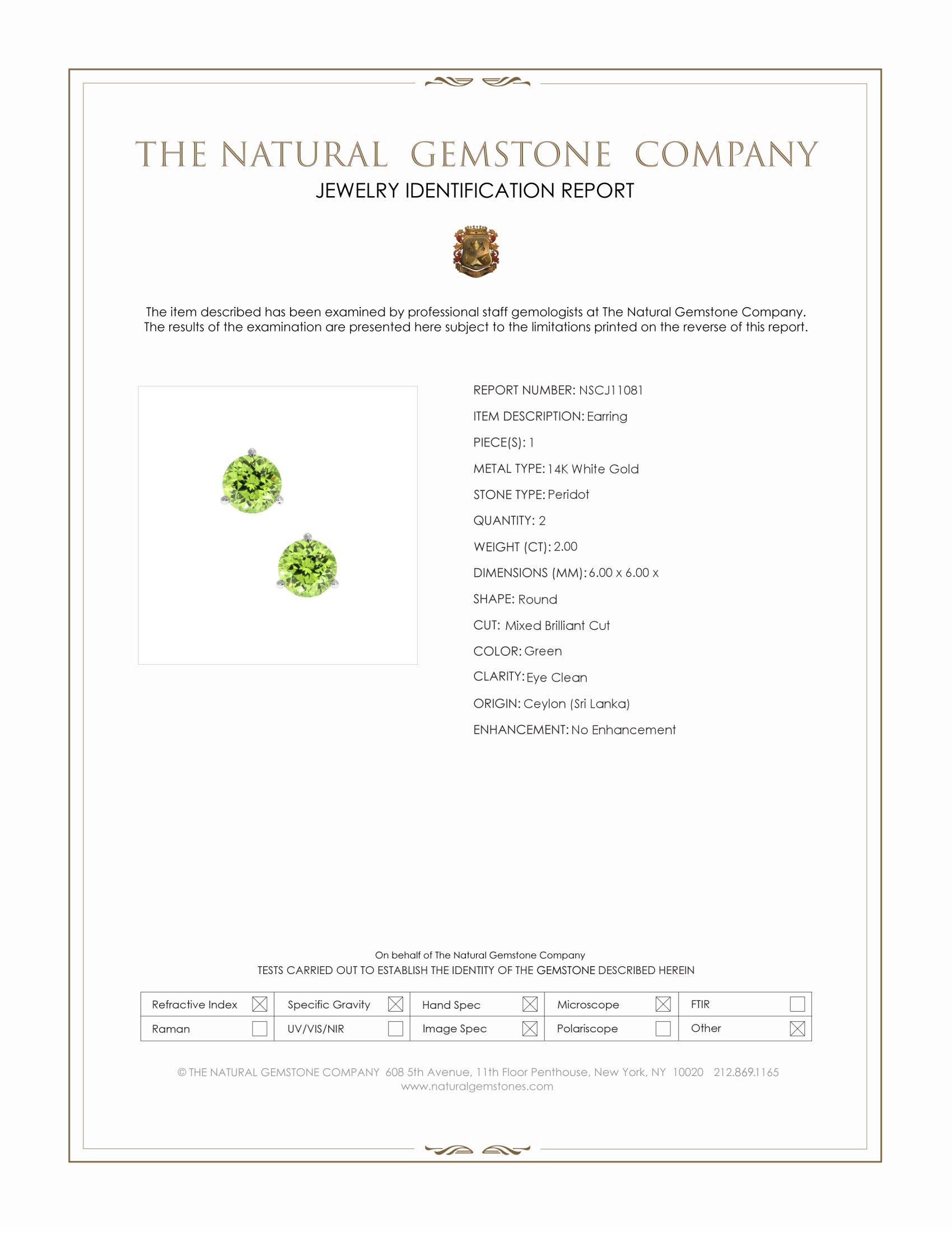 2.00 Ct.Tw. Green Peridot Studs Earrings, 14K White Gold