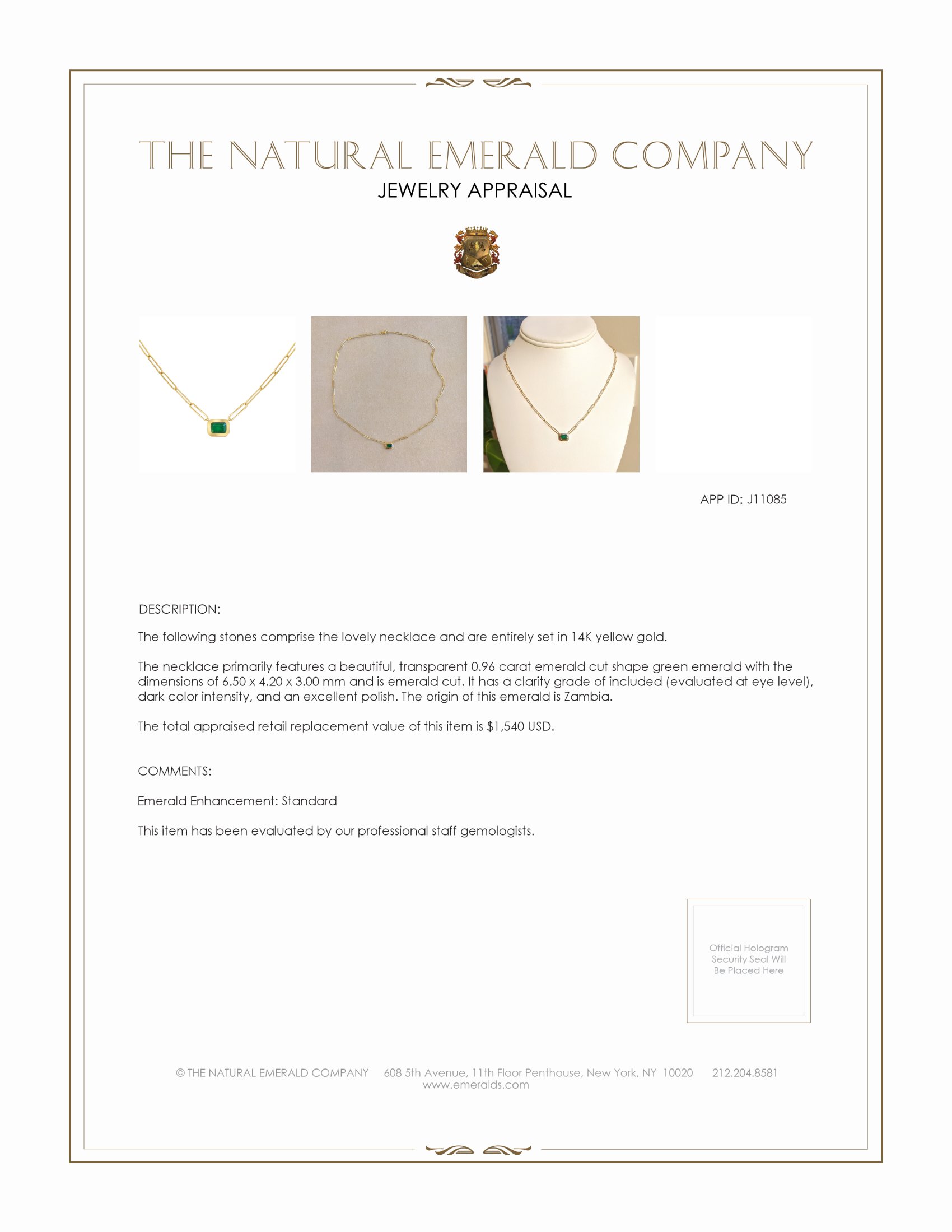0.96 Ct. Emerald Bezel Necklace, 14K Yellow Gold