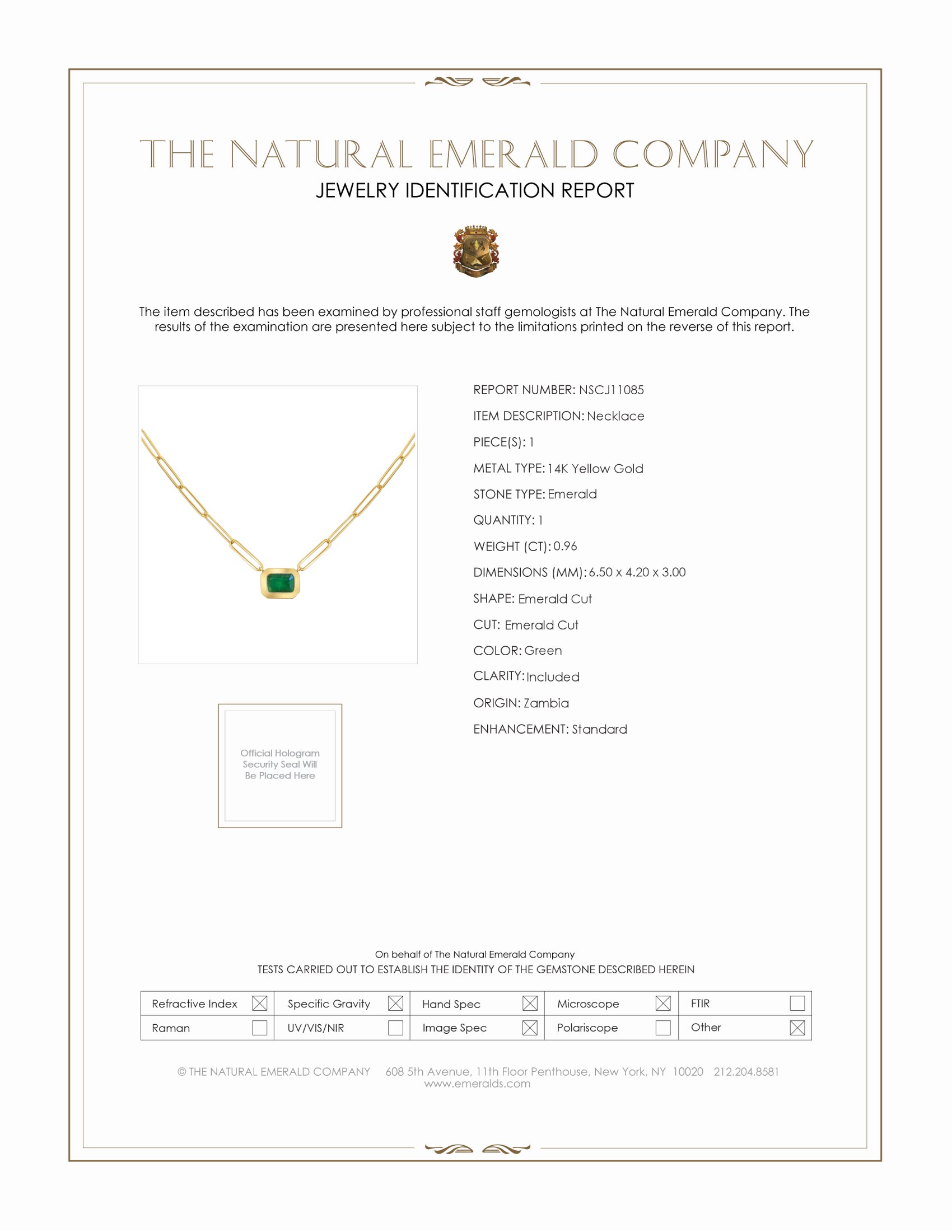 0.96 Ct. Emerald Bezel Necklace, 14K Yellow Gold