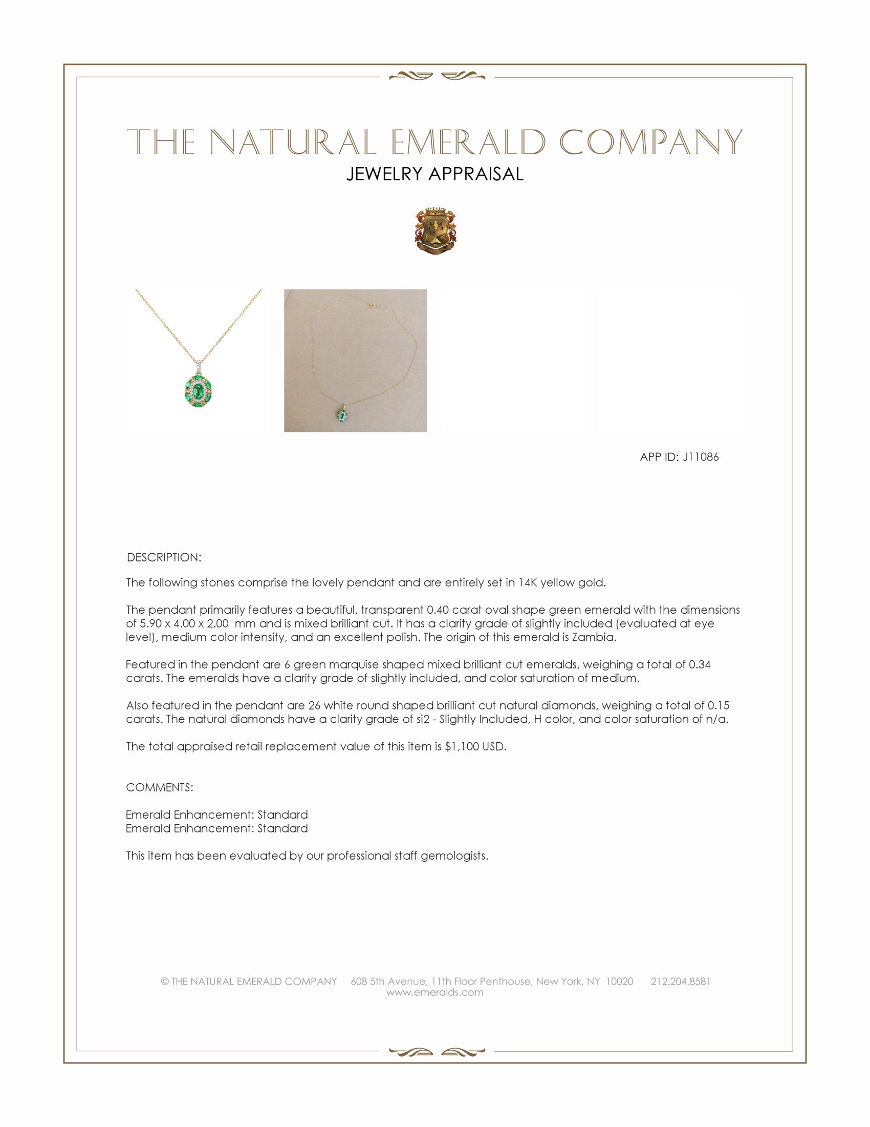 0.40 Ct. Emerald and Natural Diamond Pave Pendant, 14K Yellow Gold