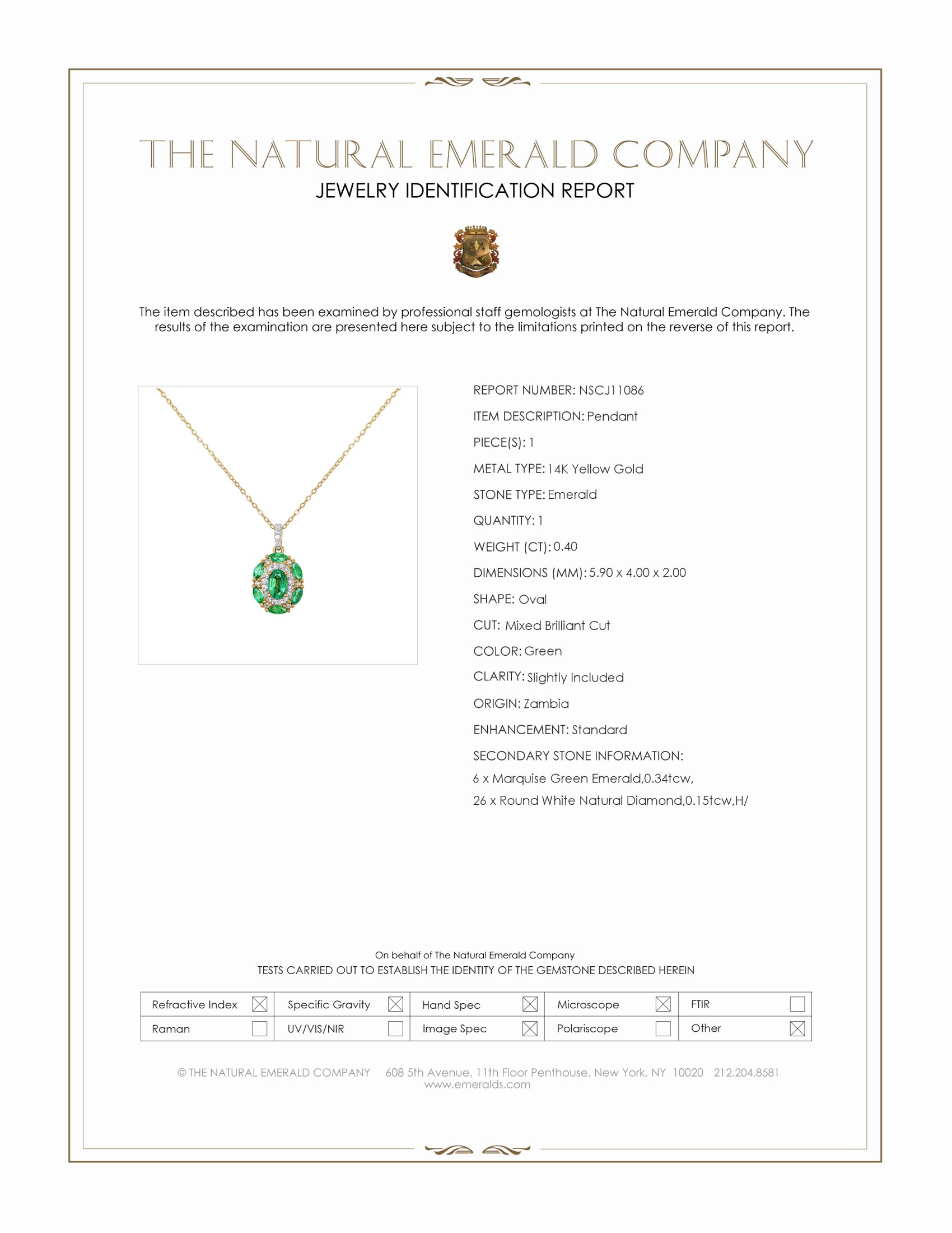 0.40 Ct. Emerald and Natural Diamond Pave Pendant, 14K Yellow Gold