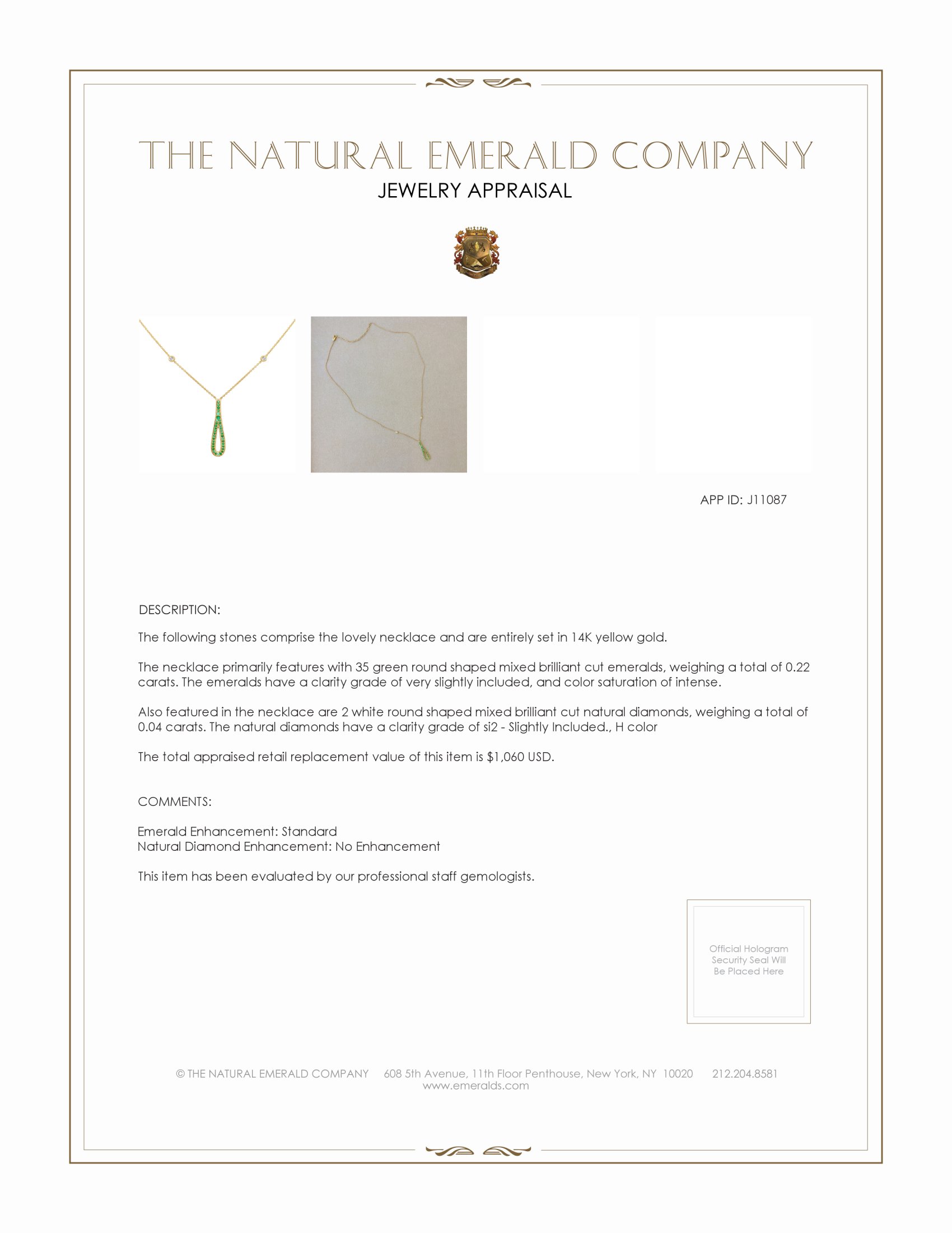 0.22 Ct. Emerald and Natural Diamond Pave Necklace, 14K Yellow Gold
