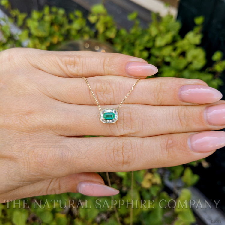 0.26 Ct. Emerald Natural Diamond Halo Necklace, 14K Yellow Gold