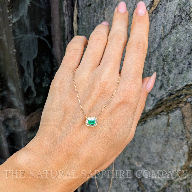 0.26 Ct. Emerald Natural Diamond Halo Necklace, 14K Yellow Gold