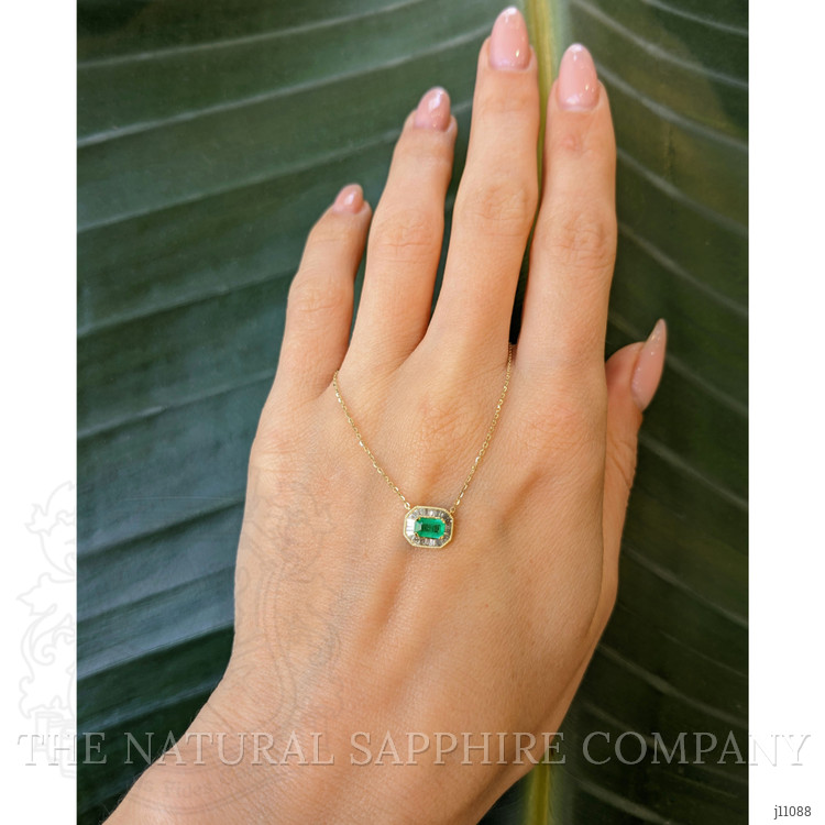 0.26 Ct. Emerald Natural Diamond Halo Necklace, 14K Yellow Gold