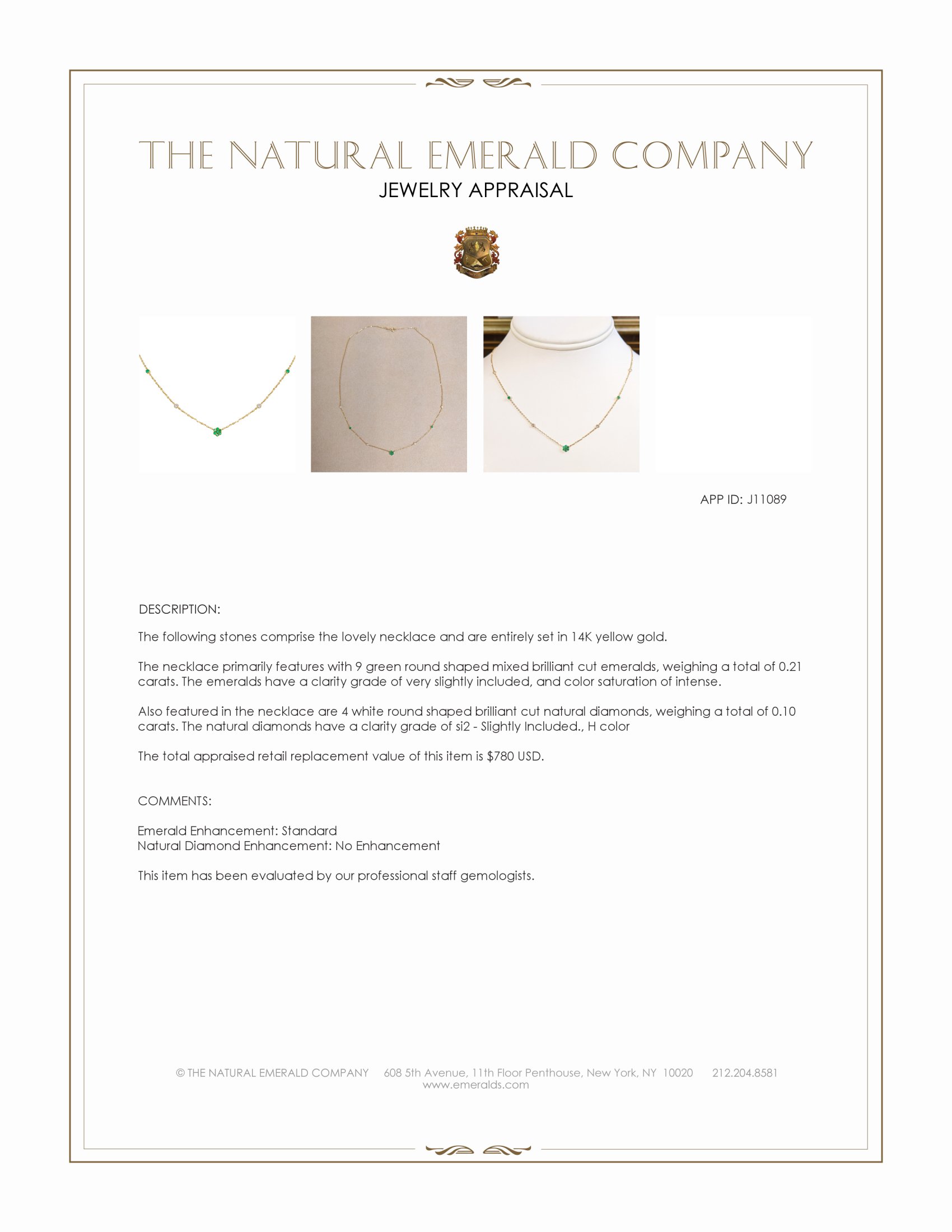 0.21 Ct. Emerald and Natural Diamond Bezel Necklace, 14K Yellow Gold