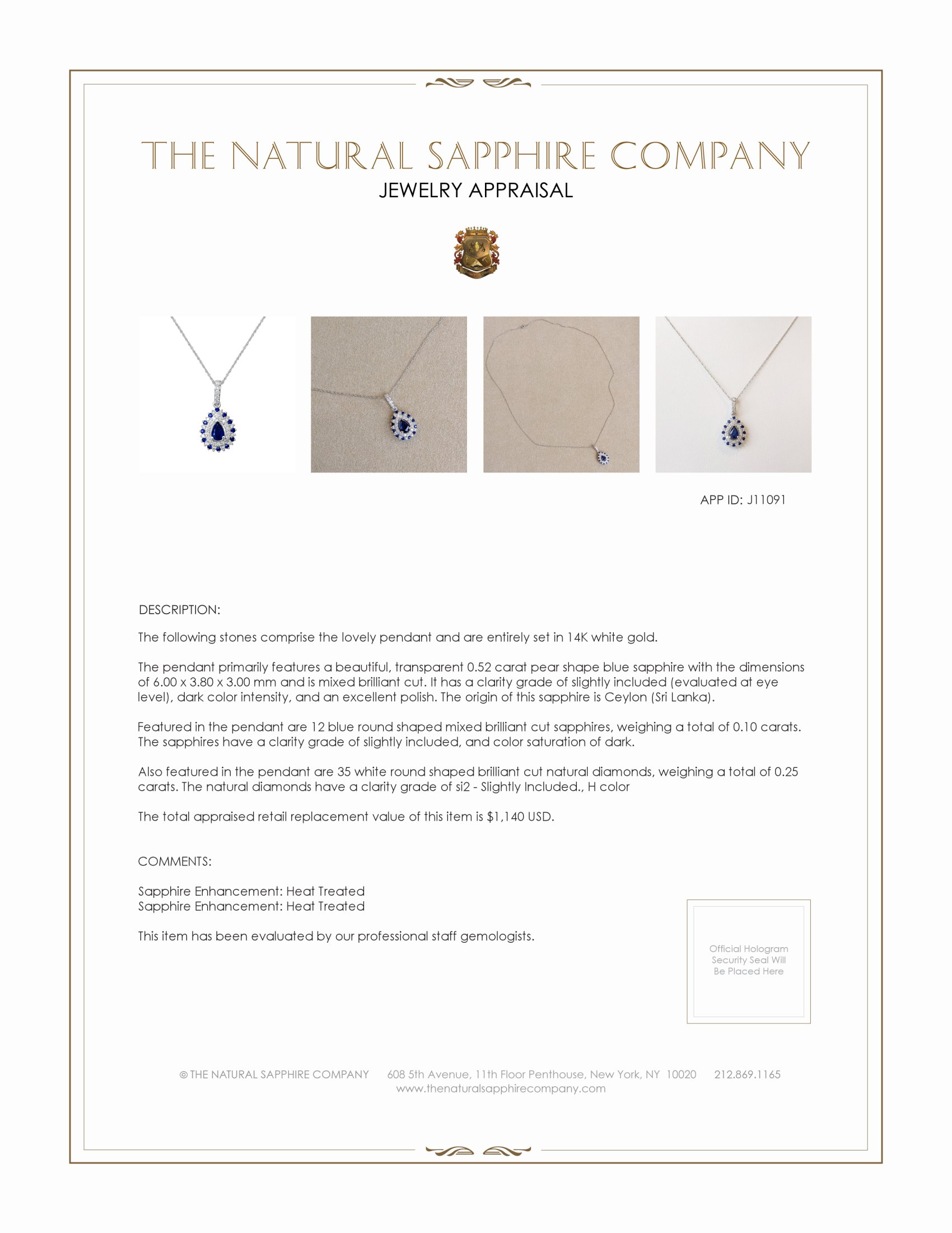 0.52 Ct. Blue Sapphire and Natural Diamond Pave Pendant, 14K White Gold