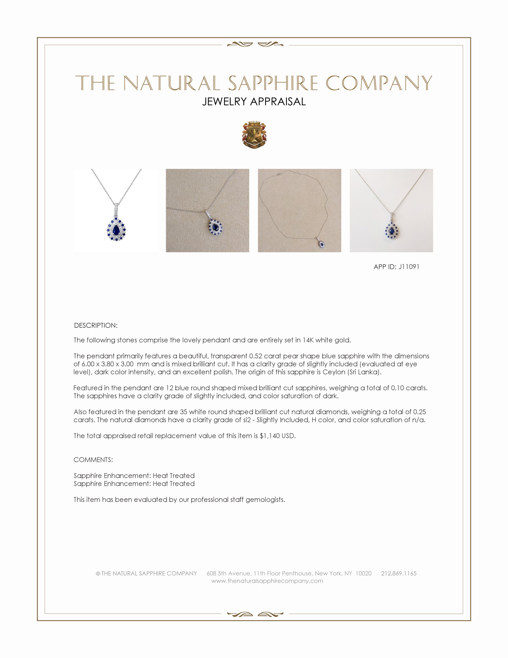 0.52 Ct. Blue Sapphire and Natural Diamond Pave Pendant, 14K White Gold