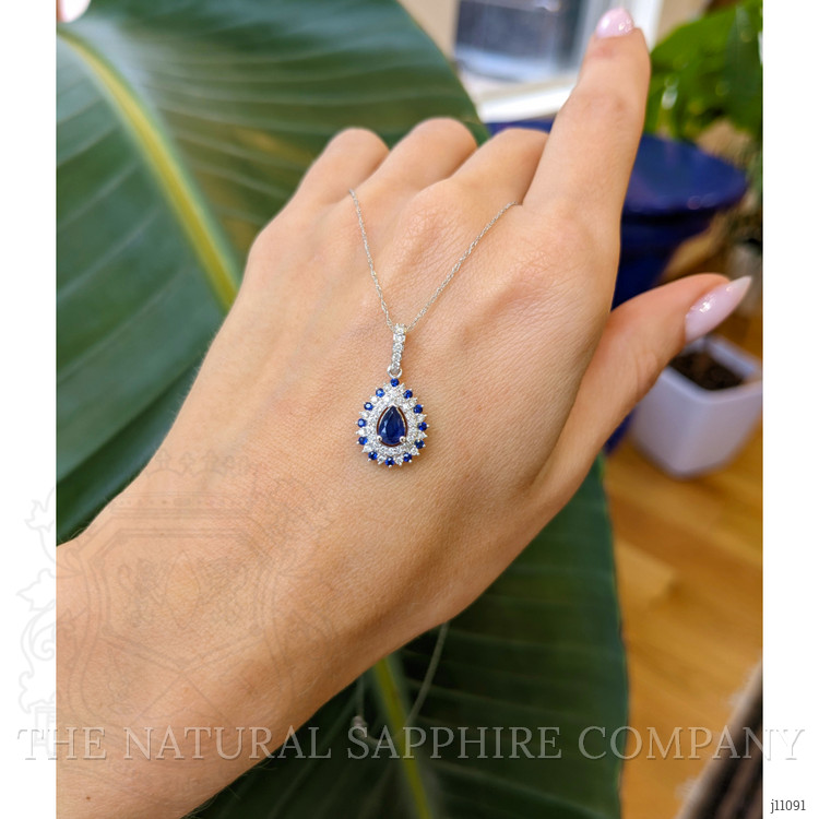 0.52 Ct. Blue Sapphire and Natural Diamond Pave Pendant, 14K White Gold