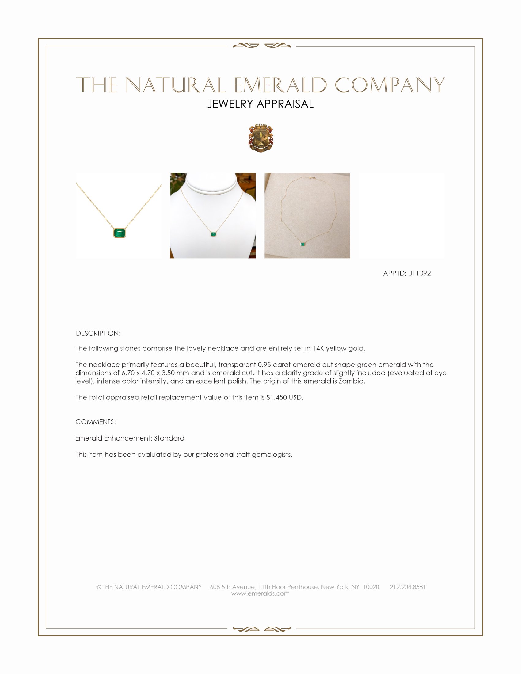 0.95 Ct. Emerald Bezel Necklace, 14K Yellow Gold