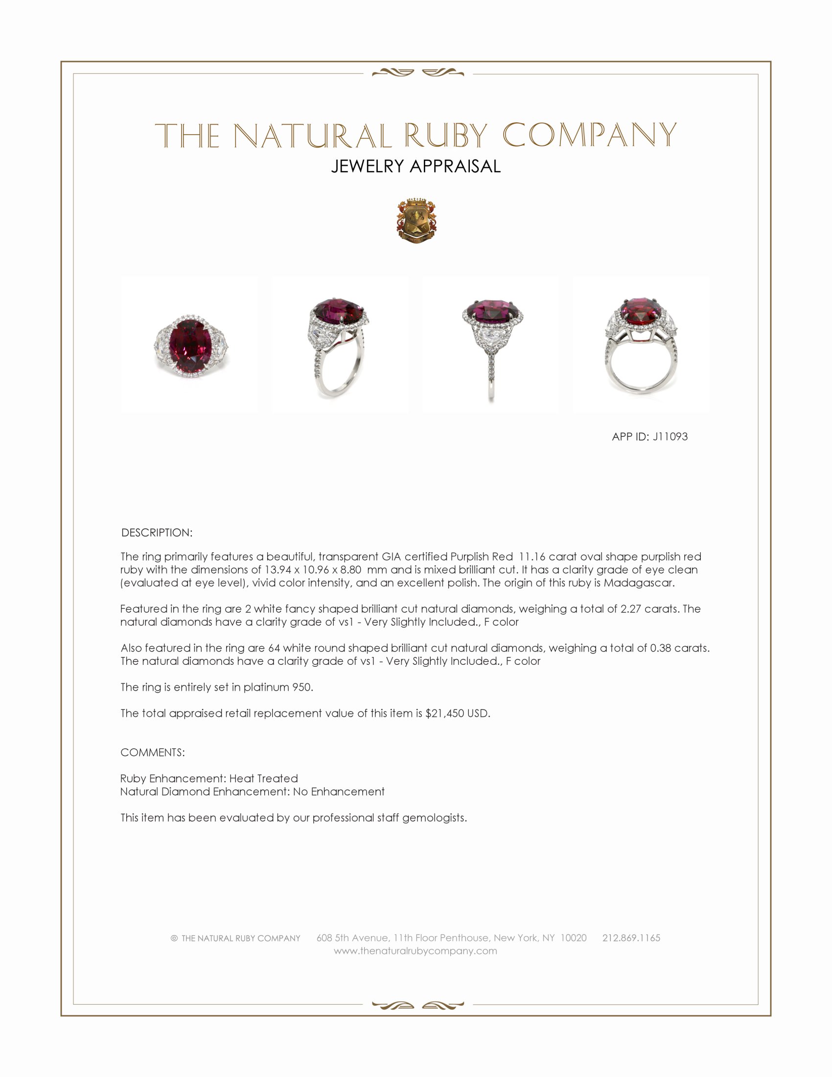 11.16 Ct. Purplish Red Ruby and Natural Diamond Pave Ring, Platinum 950