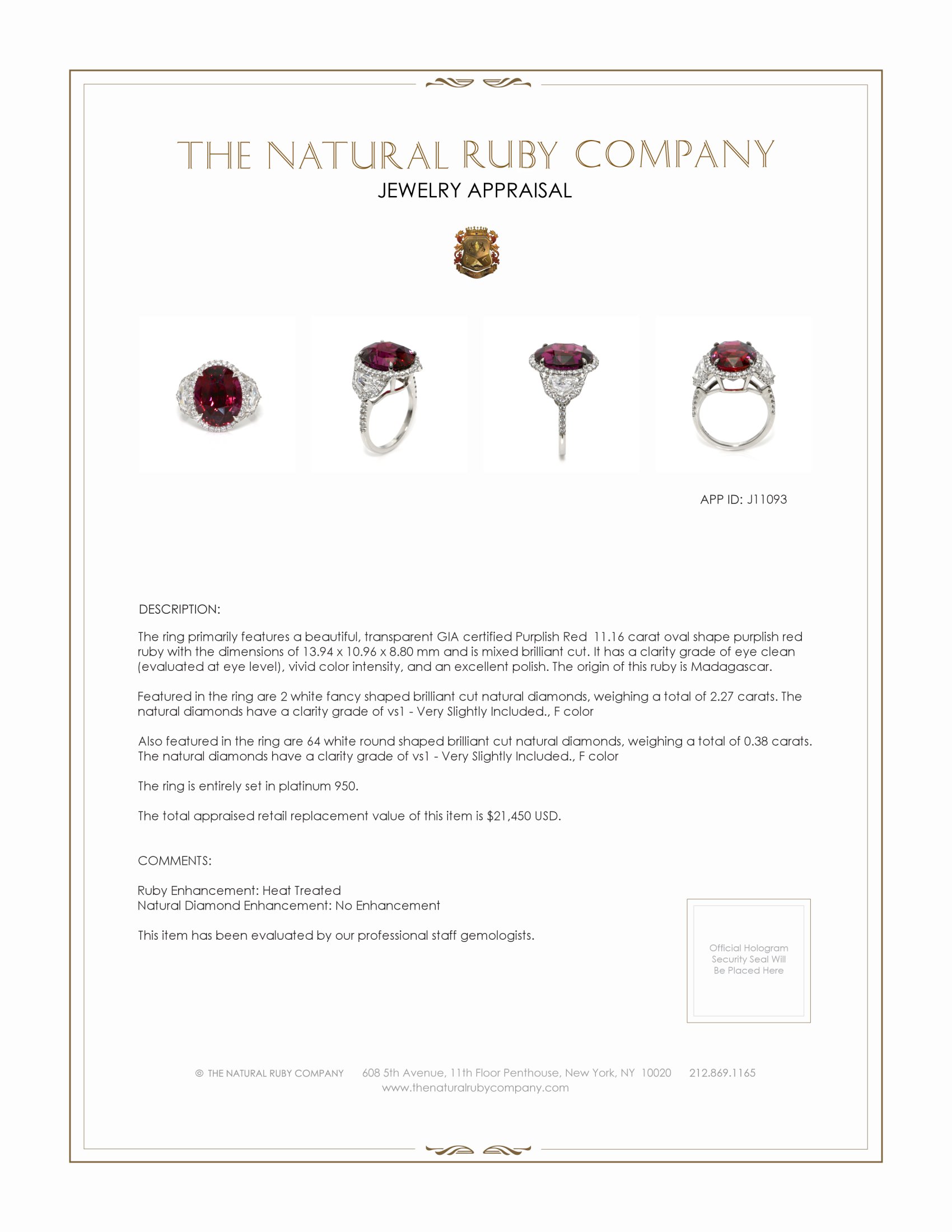 11.16 Ct. Purplish Red Ruby and Natural Diamond Pave Ring, Platinum 950