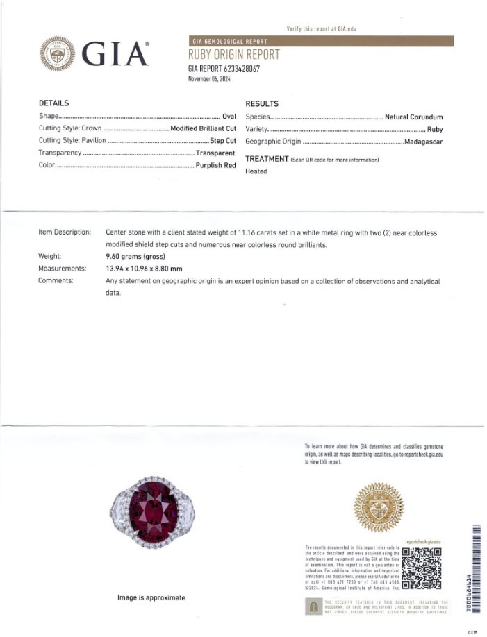 11.16 Ct. Purplish Red Ruby and Natural Diamond Pave Ring, Platinum 950