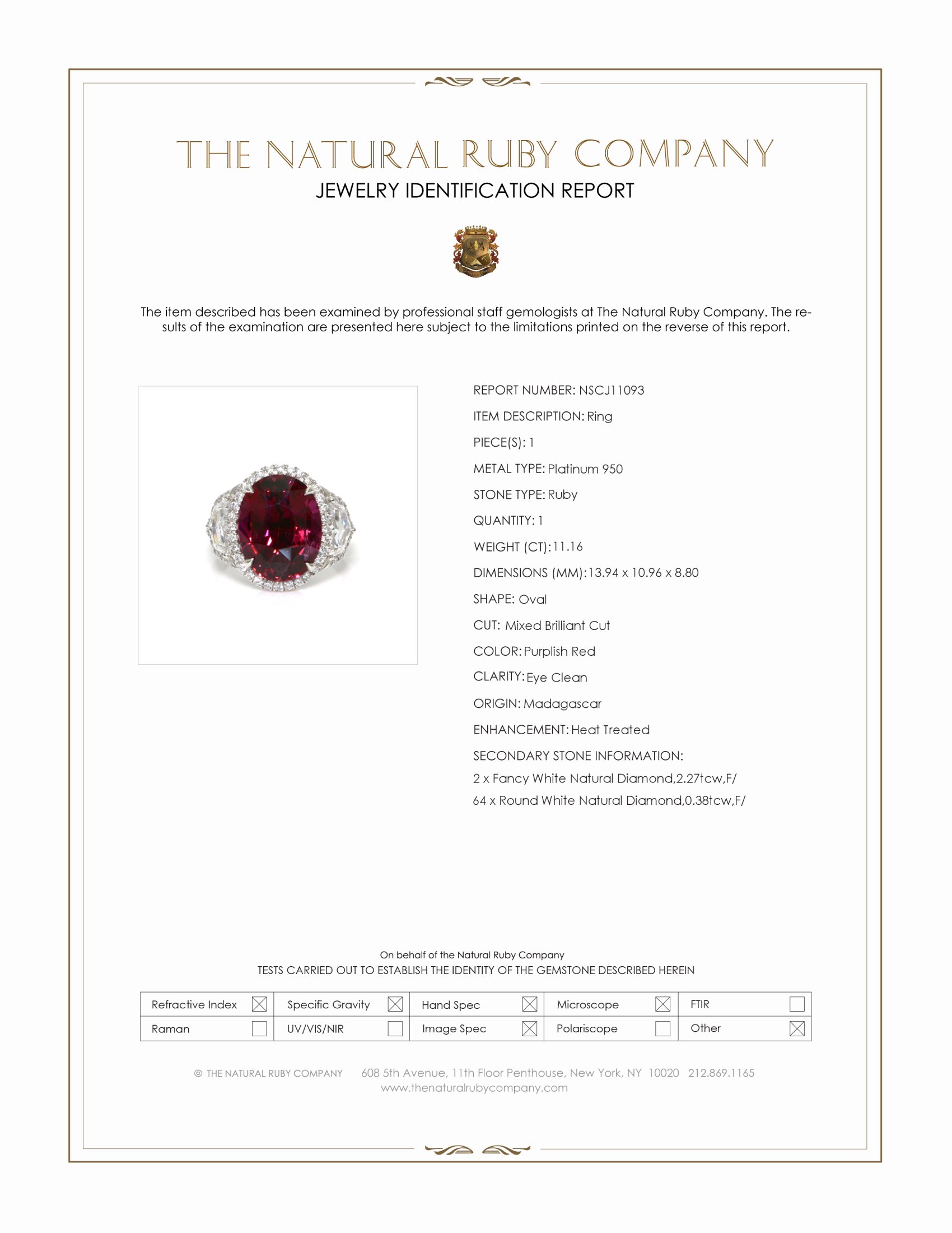 11.16 Ct. Purplish Red Ruby and Natural Diamond Pave Ring, Platinum 950