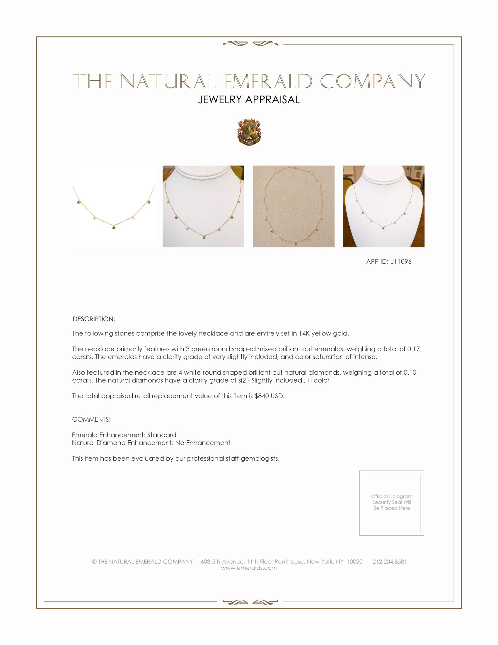 0.17 Ct. Emerald Natural Diamond Multi Stone Necklace, 14K Yellow Gold