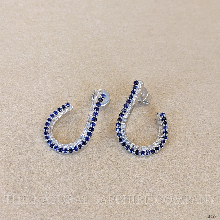 0.89 Ct.Tw. Blue Sapphire and Natural Diamond Pave Earrings, 14K White Gold