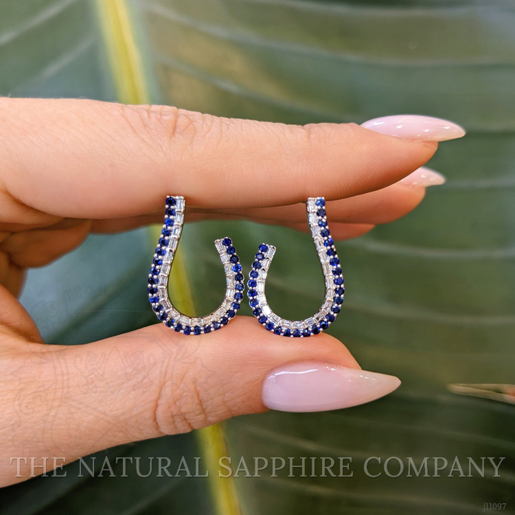 0.89 Ct.Tw. Blue Sapphire and Natural Diamond Pave Earrings, 14K White Gold