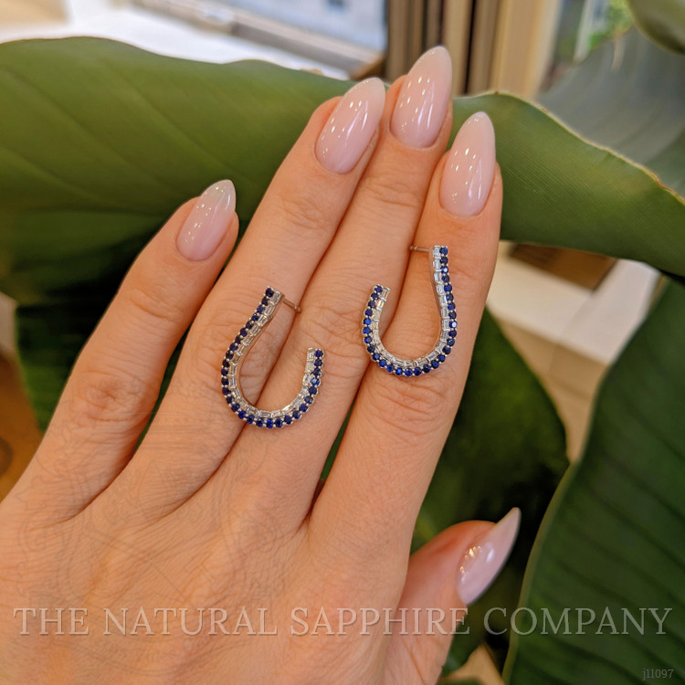 0.89 Ct.Tw. Blue Sapphire and Natural Diamond Pave Earrings, 14K White Gold