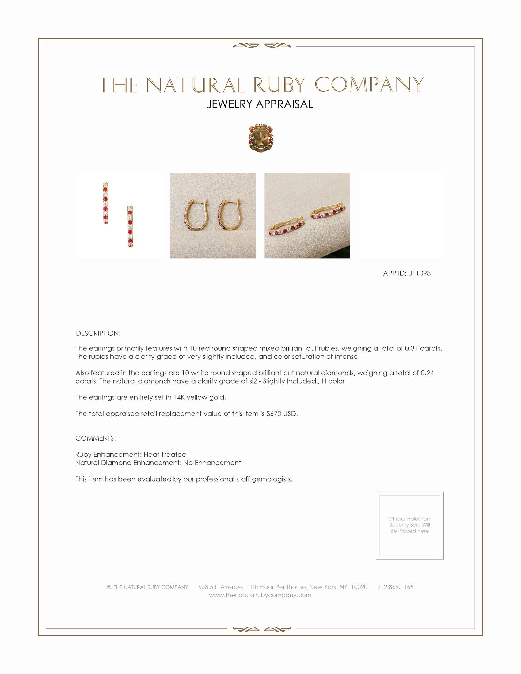 0.31 Ct.Tw. Ruby and Natural Diamond Pave Earrings, 14K Yellow Gold