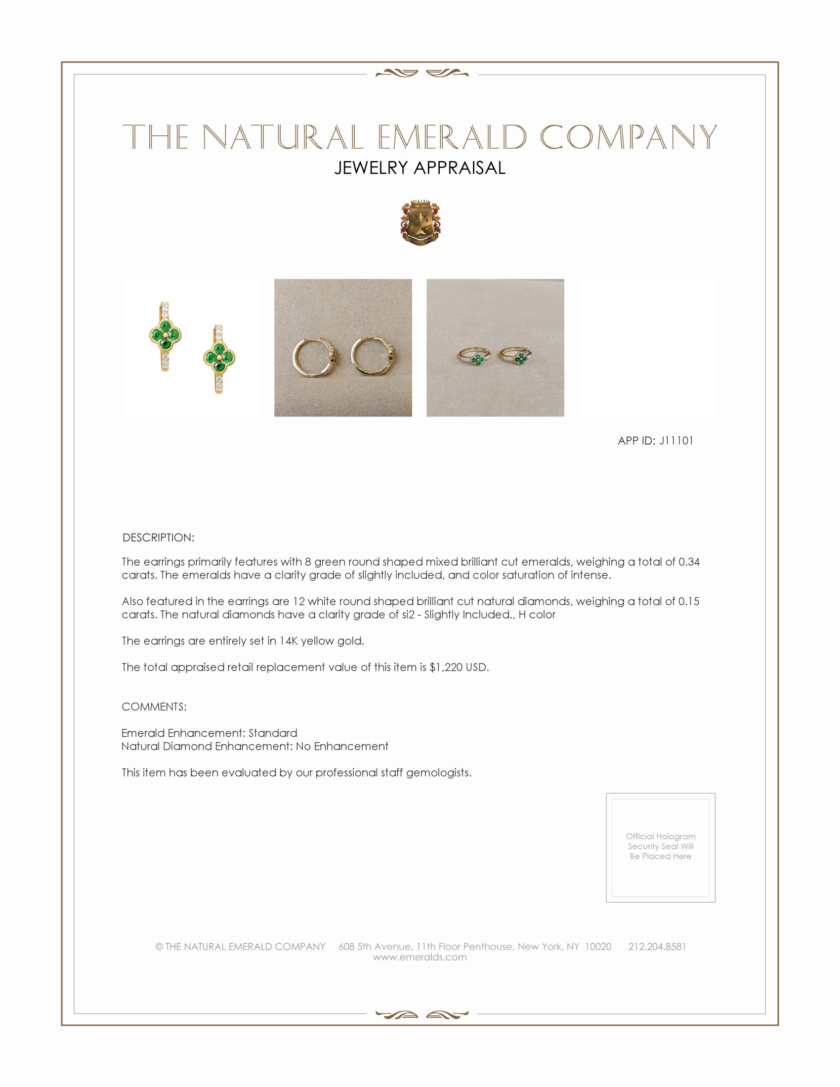 0.34 Ct.Tw. Emerald Natural Diamond Halo Earrings, 14K Yellow Gold
