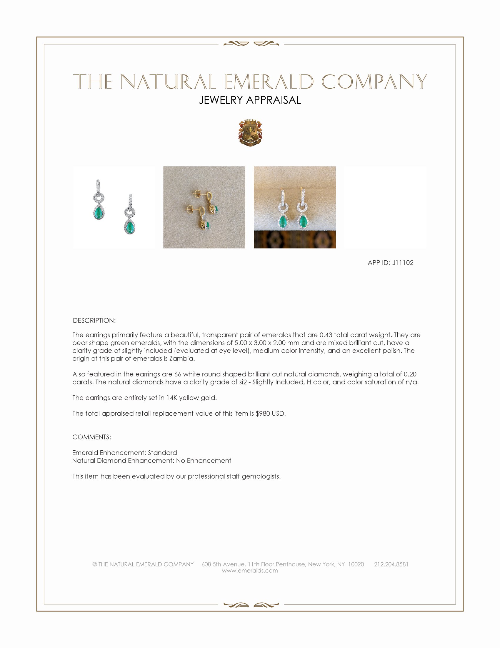 0.43 Ct.Tw. Emerald and Natural Diamond Pave Earrings, 14K Yellow Gold