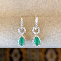 0.43 Ct.Tw.Total Carat Weight Emerald and Natural Diamond Pave Earrings, 14K Yellow Gold Image
