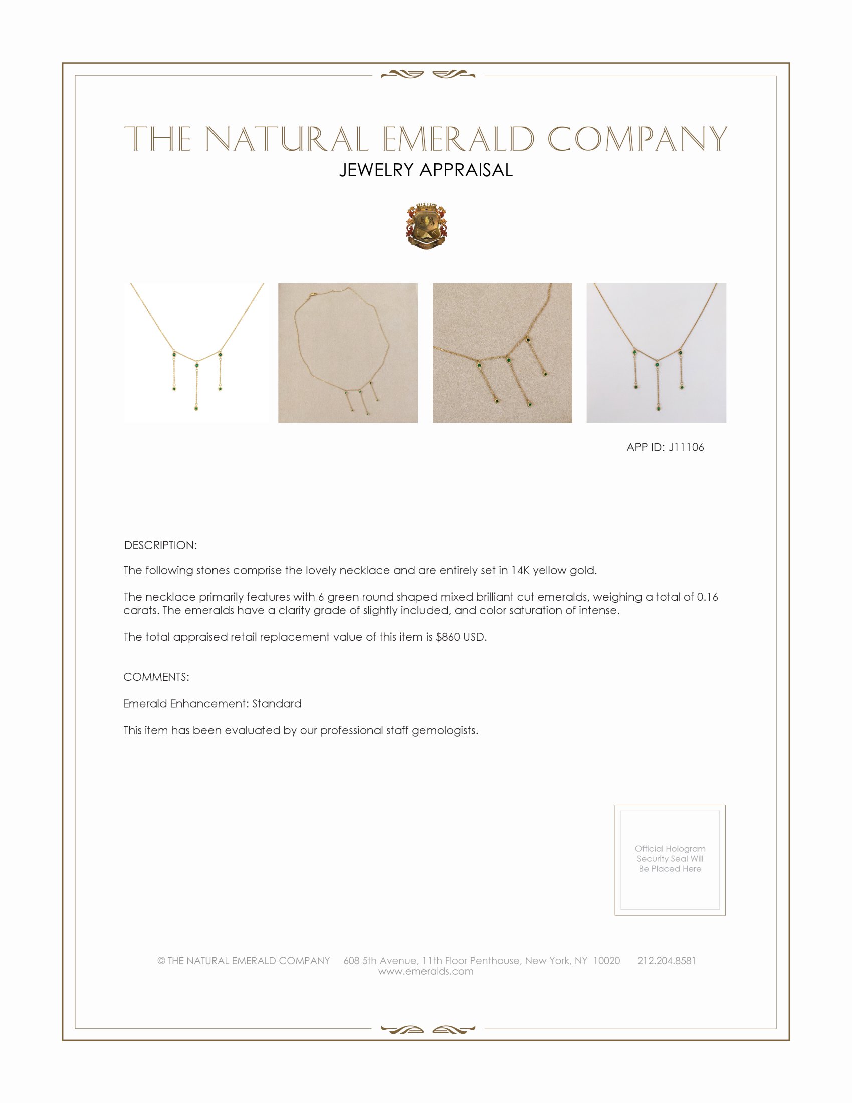 0.16 Ct. Emerald Bezel Necklace, 14K Yellow Gold