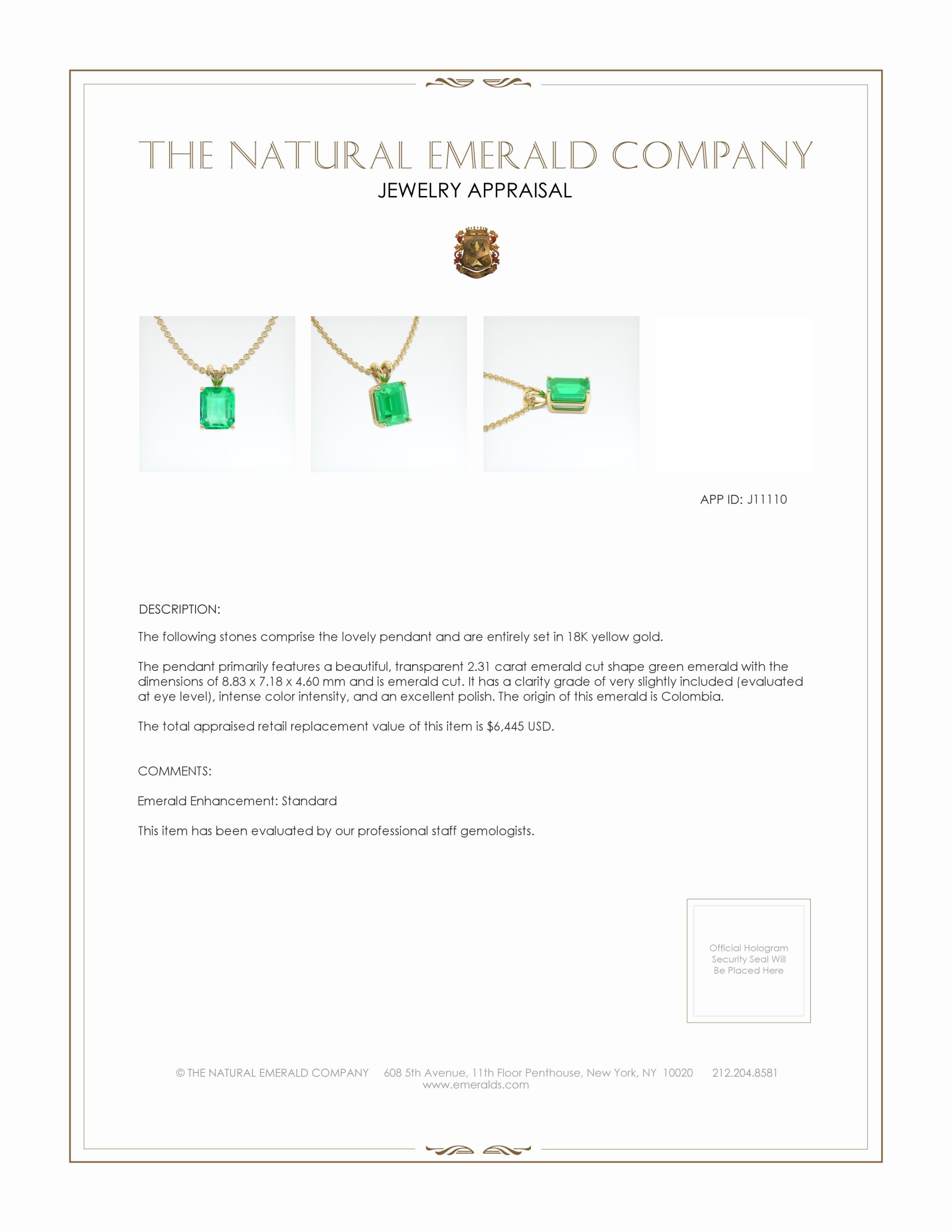 2.31 Ct. Emerald Solitaire Pendant, 18K Yellow Gold