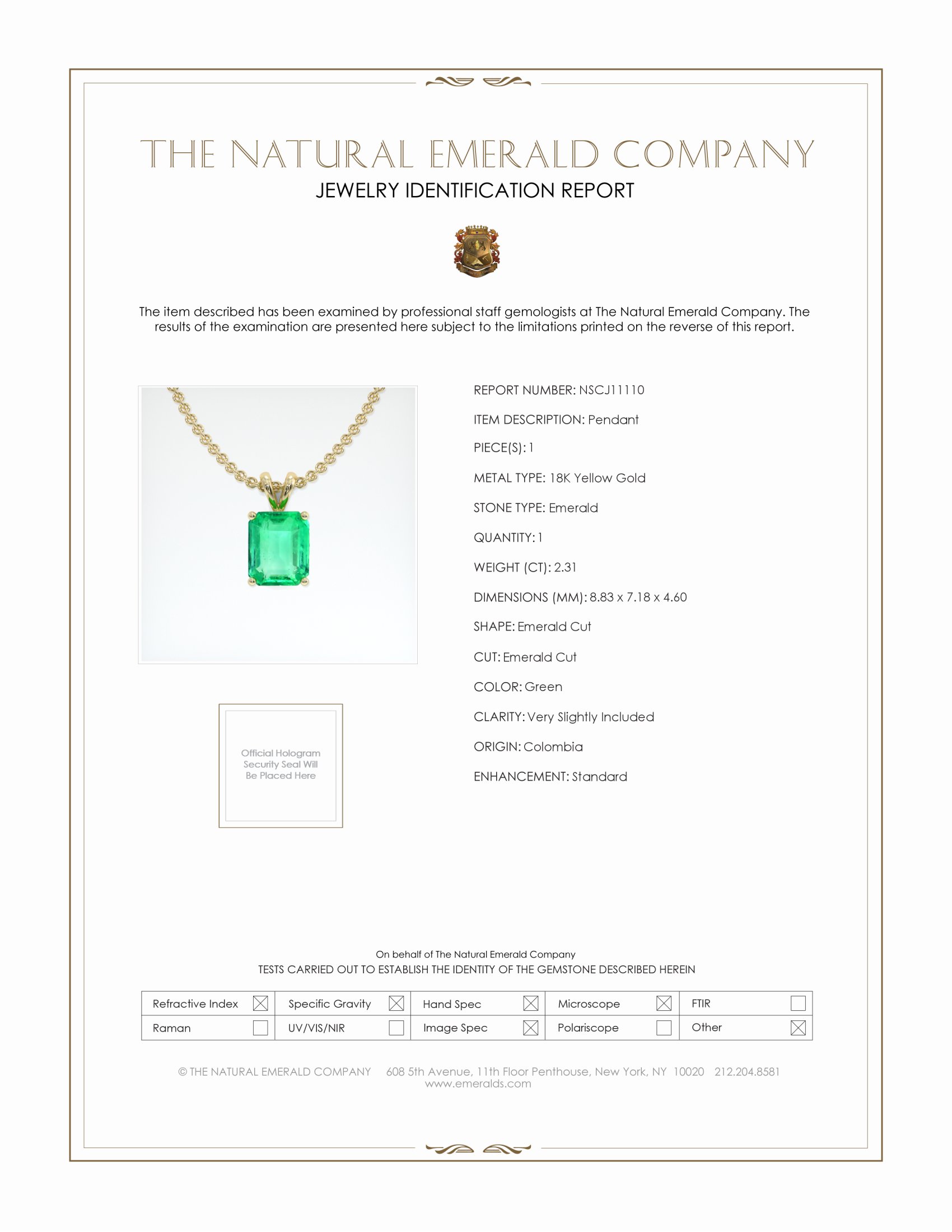 2.31 Ct. Emerald Solitaire Pendant, 18K Yellow Gold