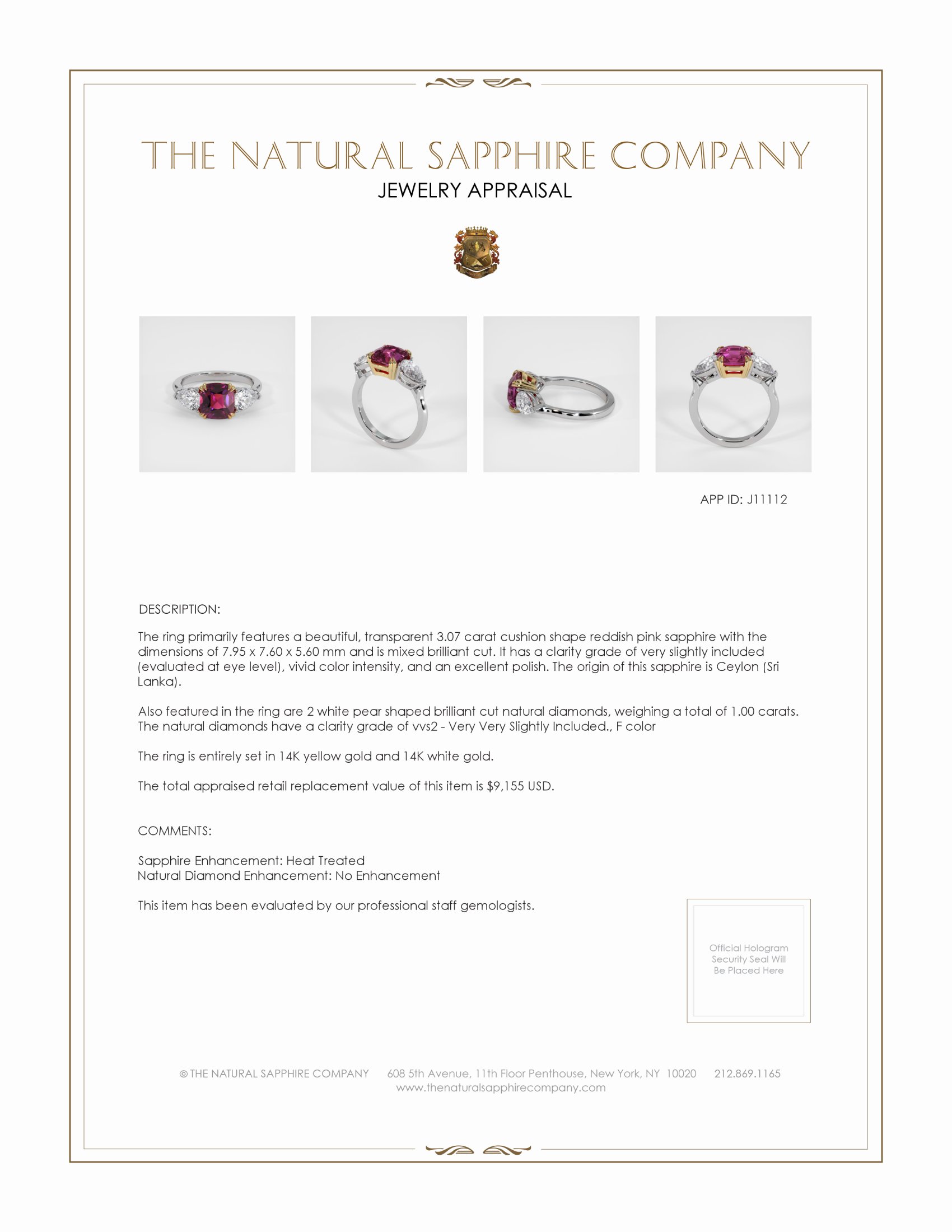 3.07 Ct. Reddish Pink Sapphire and Natural Diamond Three Stone Ring, 14K Yellow & White
