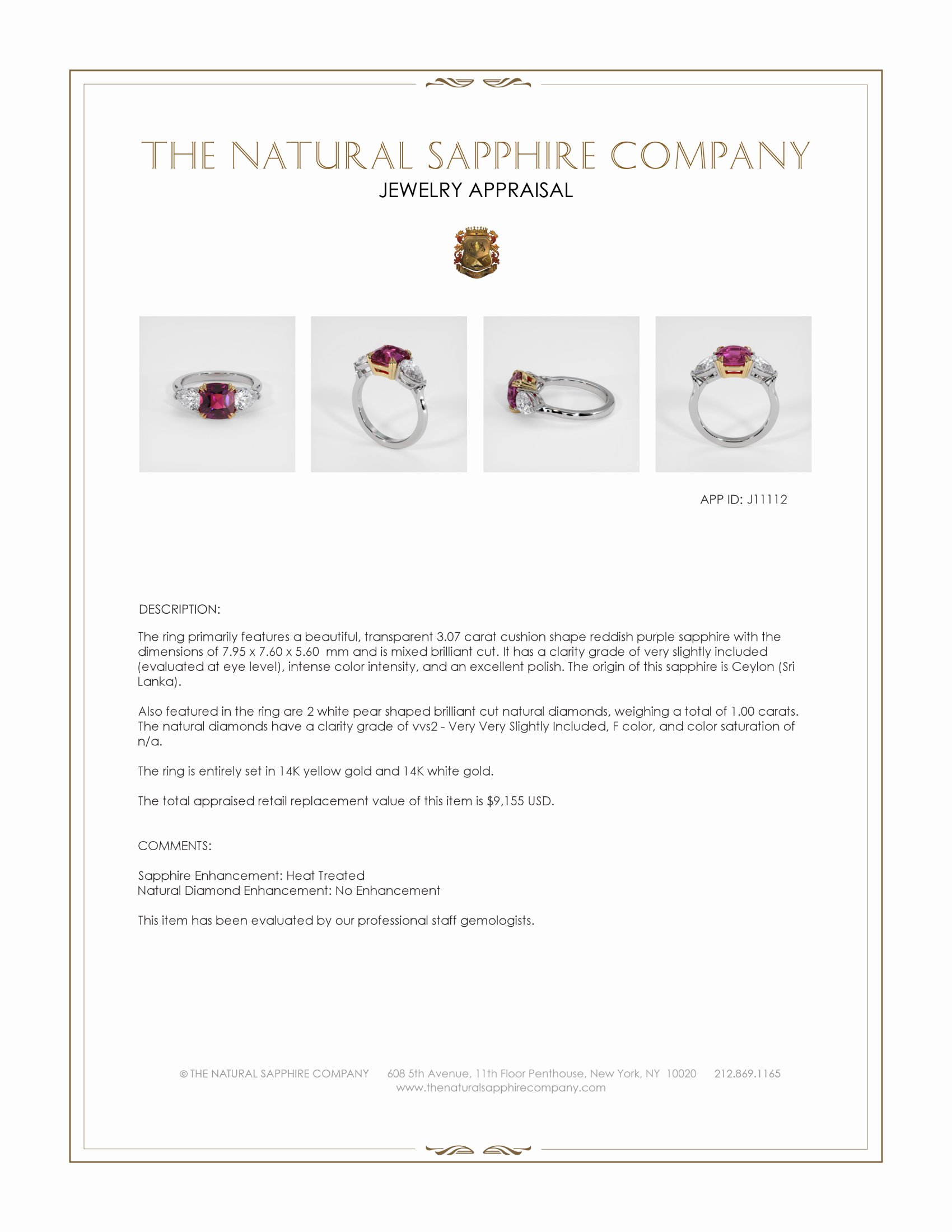 3.07 Ct. Reddish Purple Sapphire and Natural Diamond Three Stone Ring, 14K Yellow & White