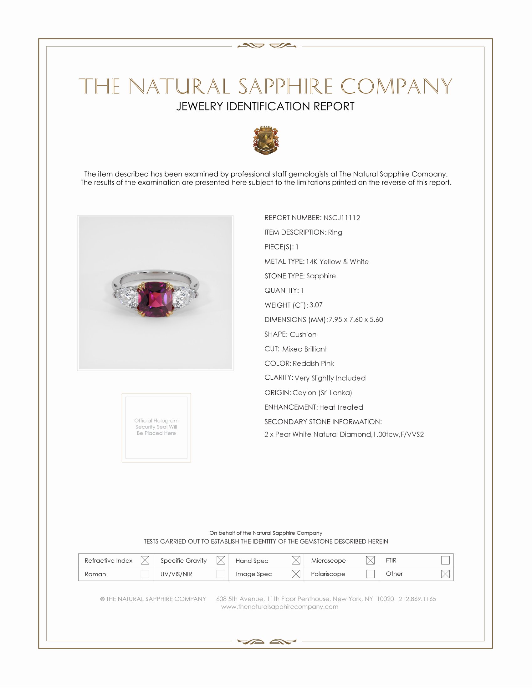 3.07 Ct. Reddish Pink Sapphire and Natural Diamond Three Stone Ring, 14K Yellow & White