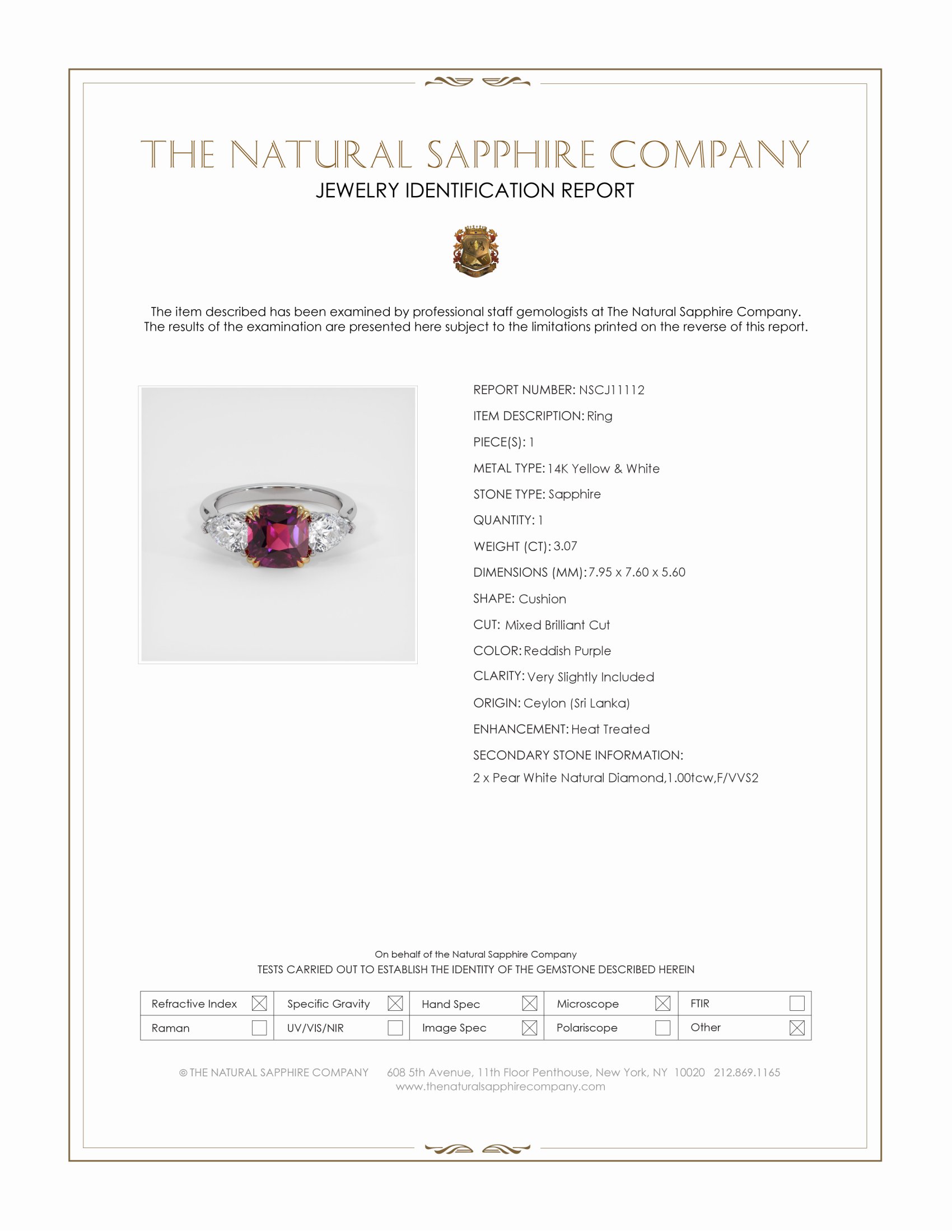 3.07 Ct. Reddish Purple Sapphire and Natural Diamond Three Stone Ring, 14K Yellow & White