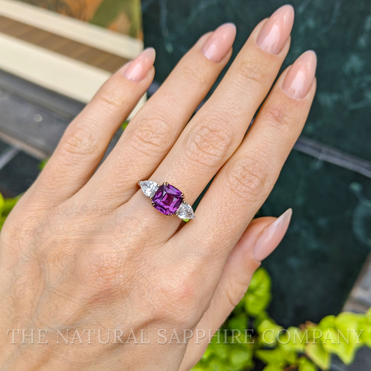 3.07 Ct. Reddish Pink Sapphire and Natural Diamond Three Stone Ring, 14K Yellow & White