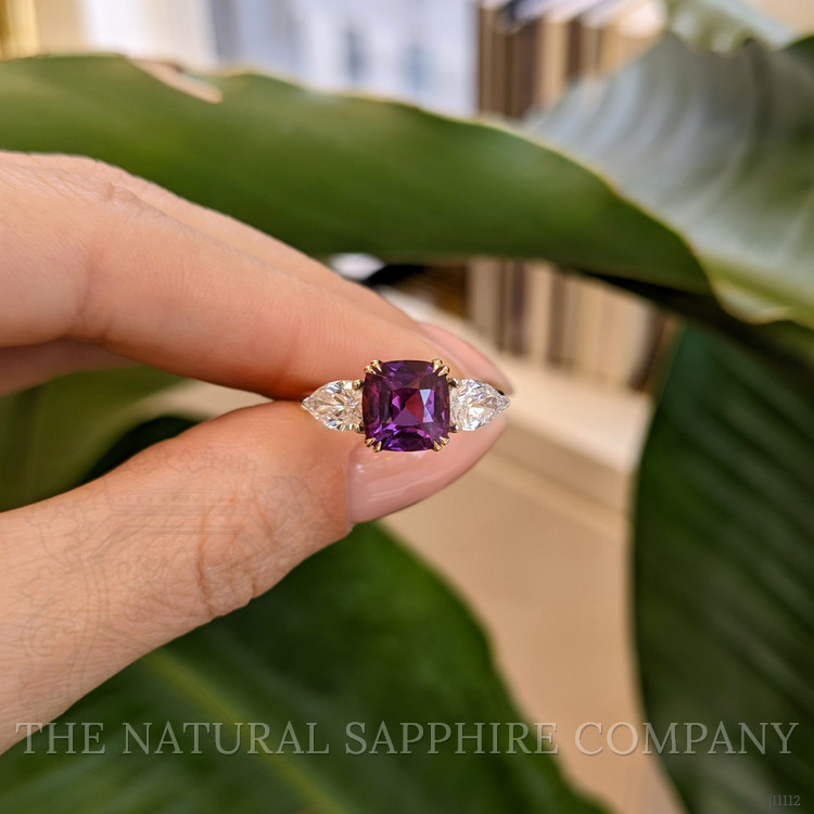 3.07 Ct. Reddish Pink Sapphire and Natural Diamond Three Stone Ring, 14K Yellow & White