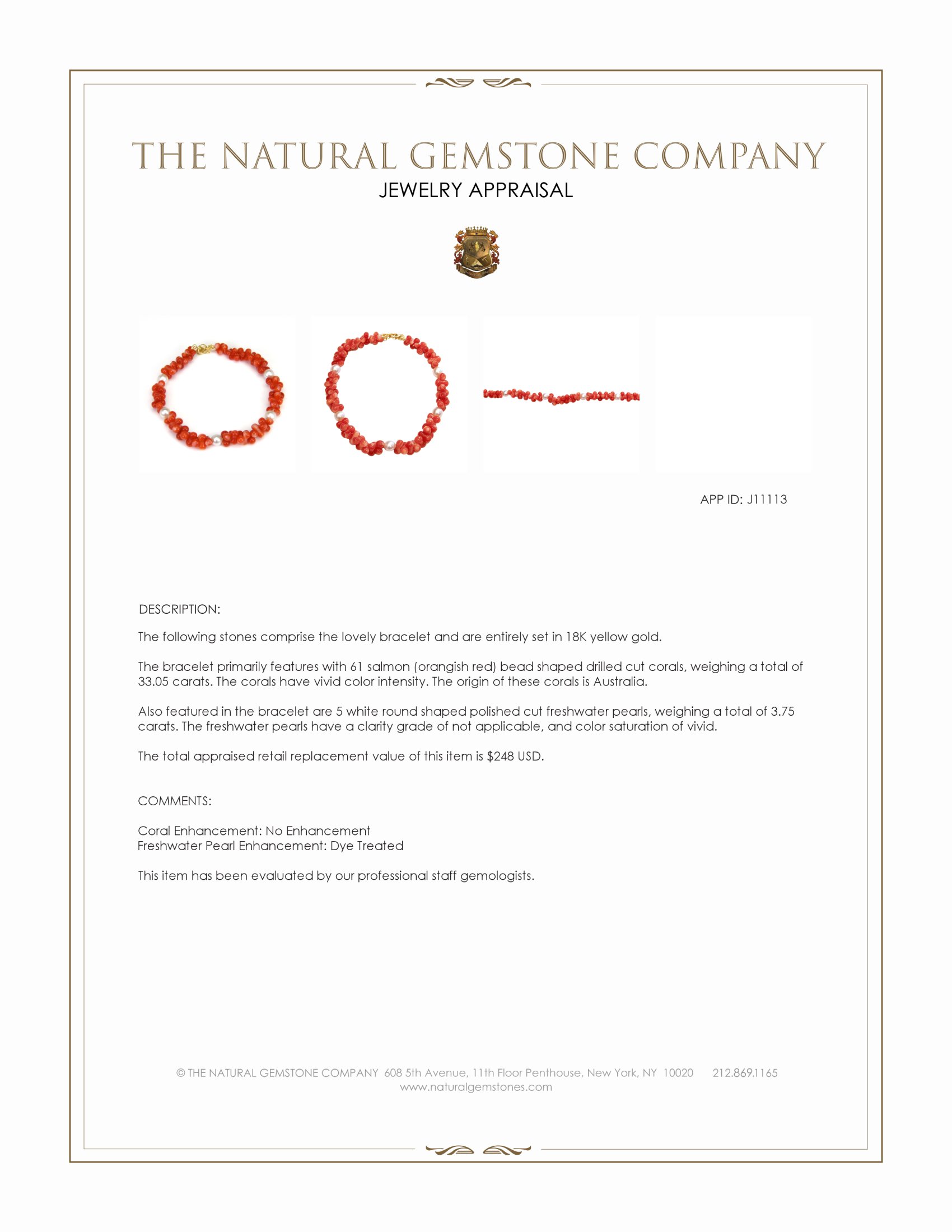 33.05 Ct.Tw. Salmon (Orangish Red) Coral and White Freshwater Pearl Tennis/Line Bracelet, 18K Yellow Gold