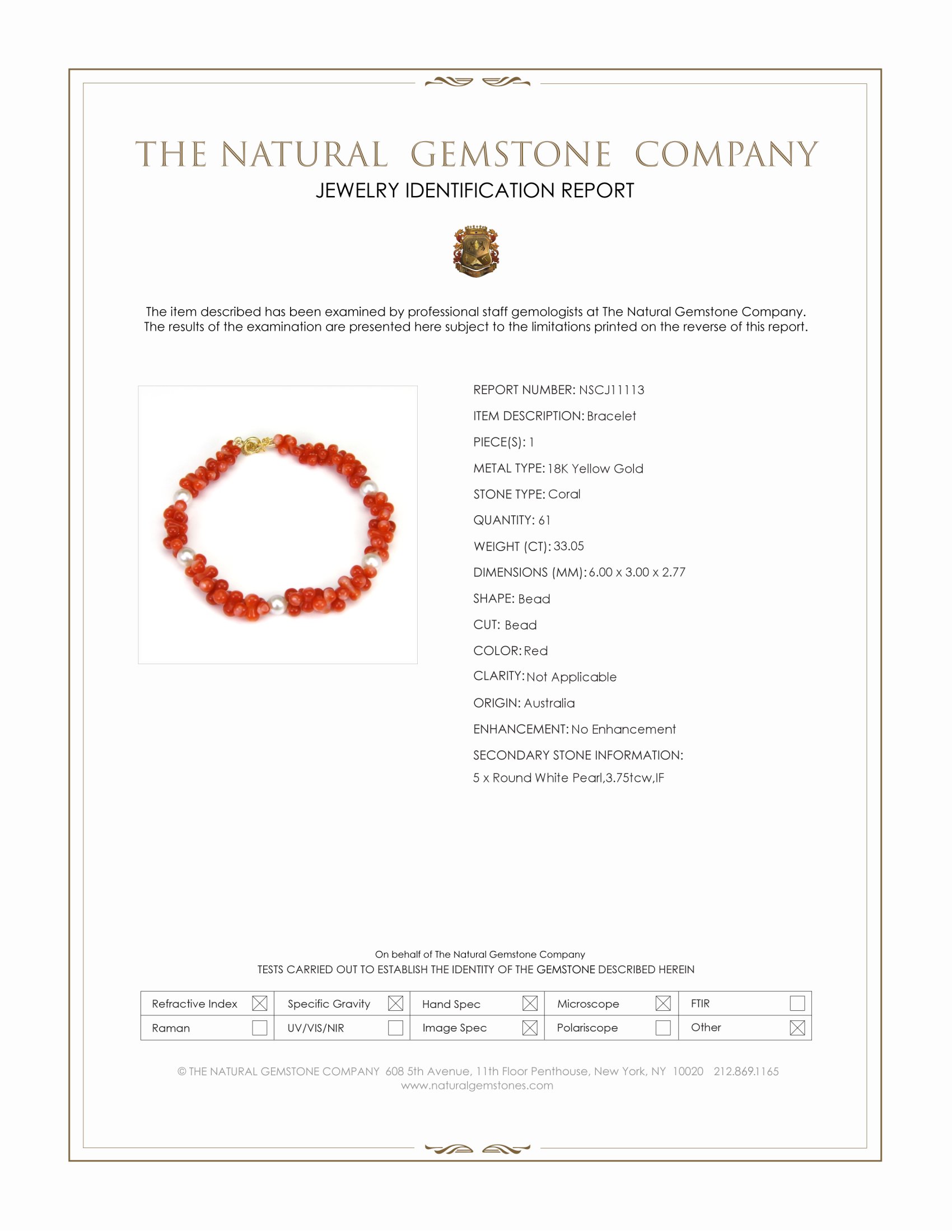 33.05 Ct.Tw. Red Coral and White Freshwater Pearl Tennis/Line Bracelet, 18K Yellow Gold