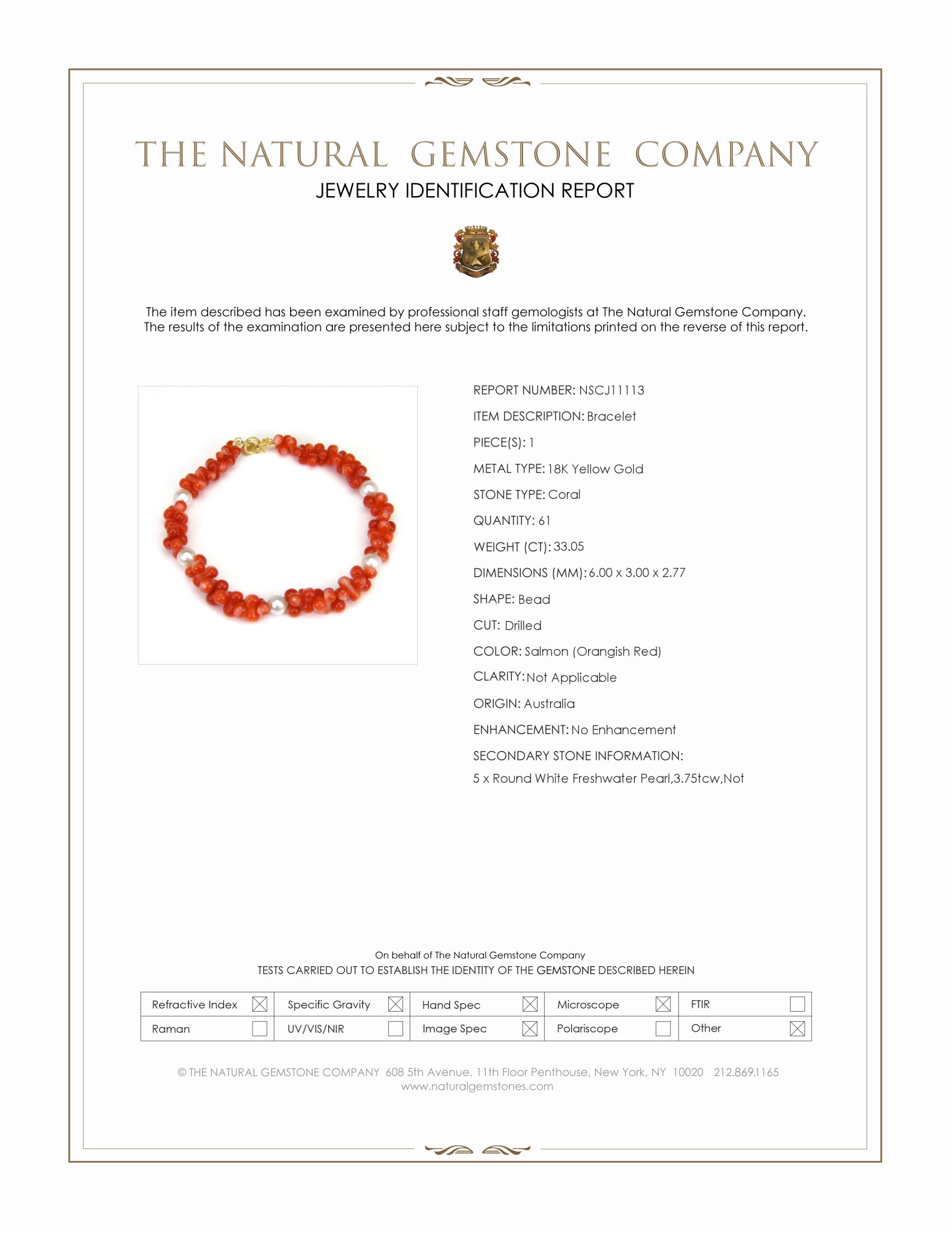 33.05 Ct.Tw. Salmon (Orangish Red) Coral and White Freshwater Pearl Tennis/Line Bracelet, 18K Yellow Gold
