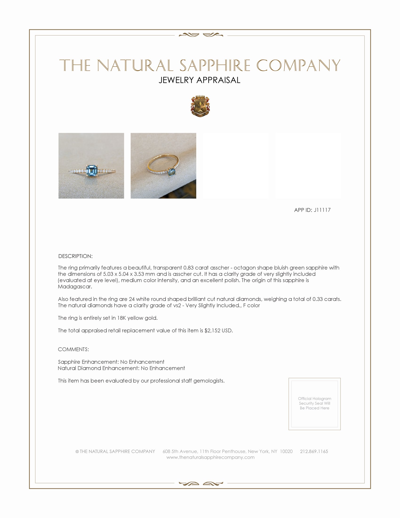 0.83 Ct. Bluish Green Sapphire and Natural Diamond Pave Ring, 18K Yellow Gold