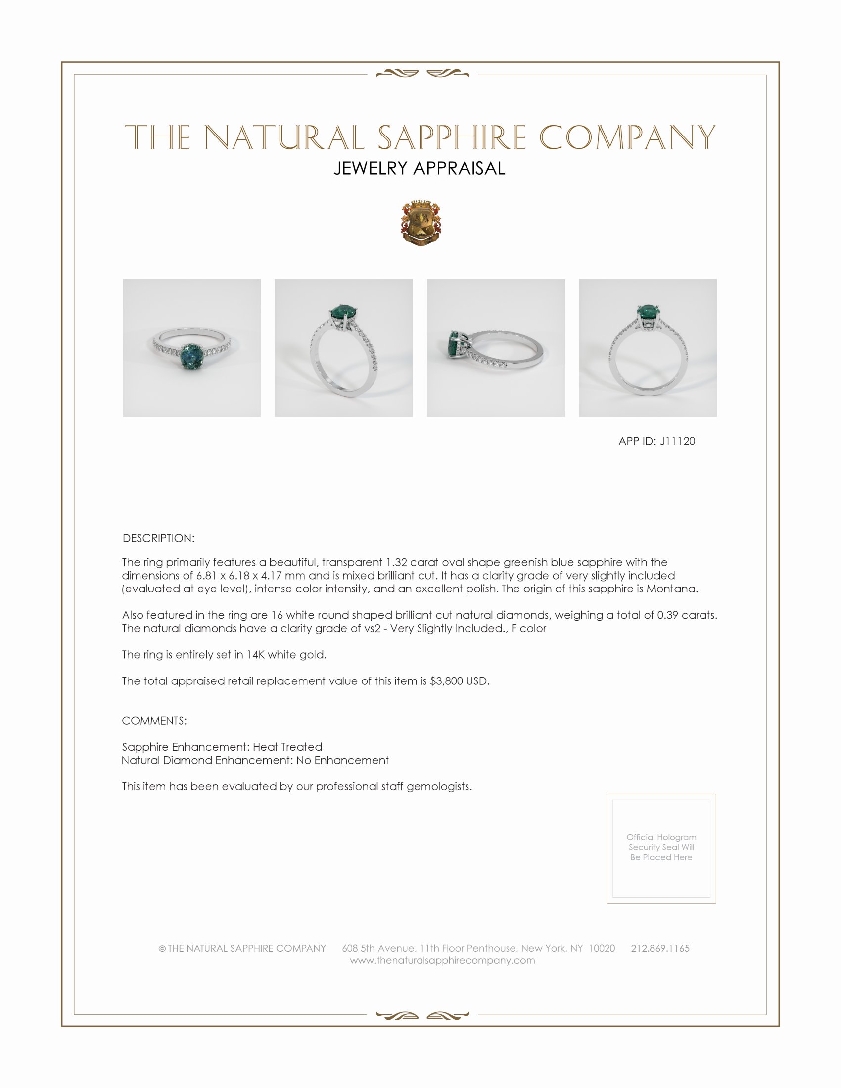 1.32 Ct. Greenish Blue Sapphire and Natural Diamond Pave Ring, 14K White Gold