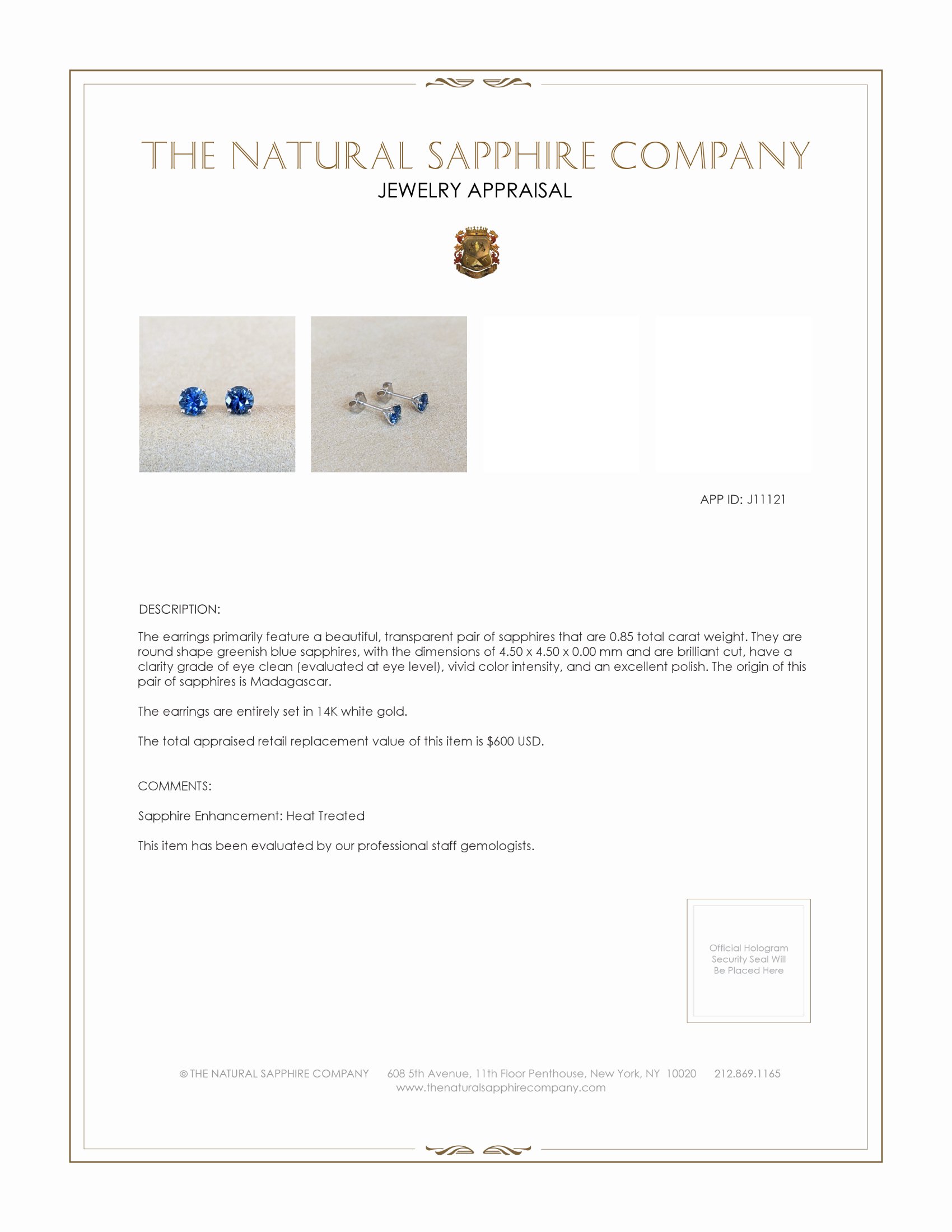 0.85 Ct.Tw. Greenish Blue Sapphire Studs Earrings, 14K White Gold