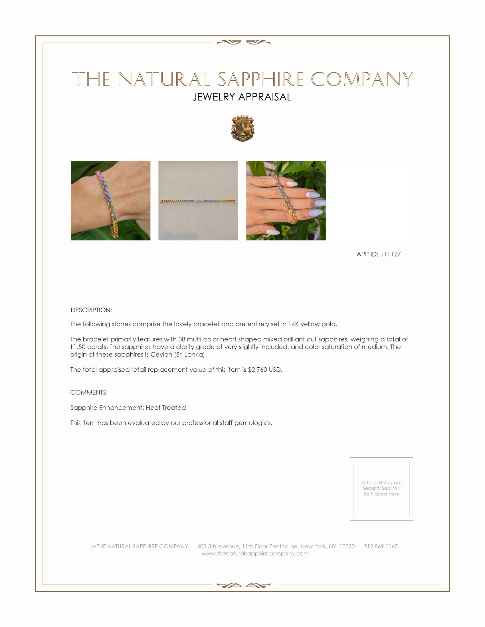 11.50 Ct.Tw. Multi Color Sapphire Tennis/Line Bracelet, 14K Yellow Gold