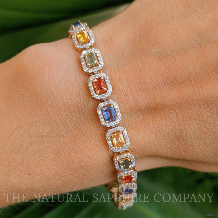5.28 Ct.Tw. Multi Color Sapphire and Natural Diamond Pave Bracelet, 14K Yellow Gold